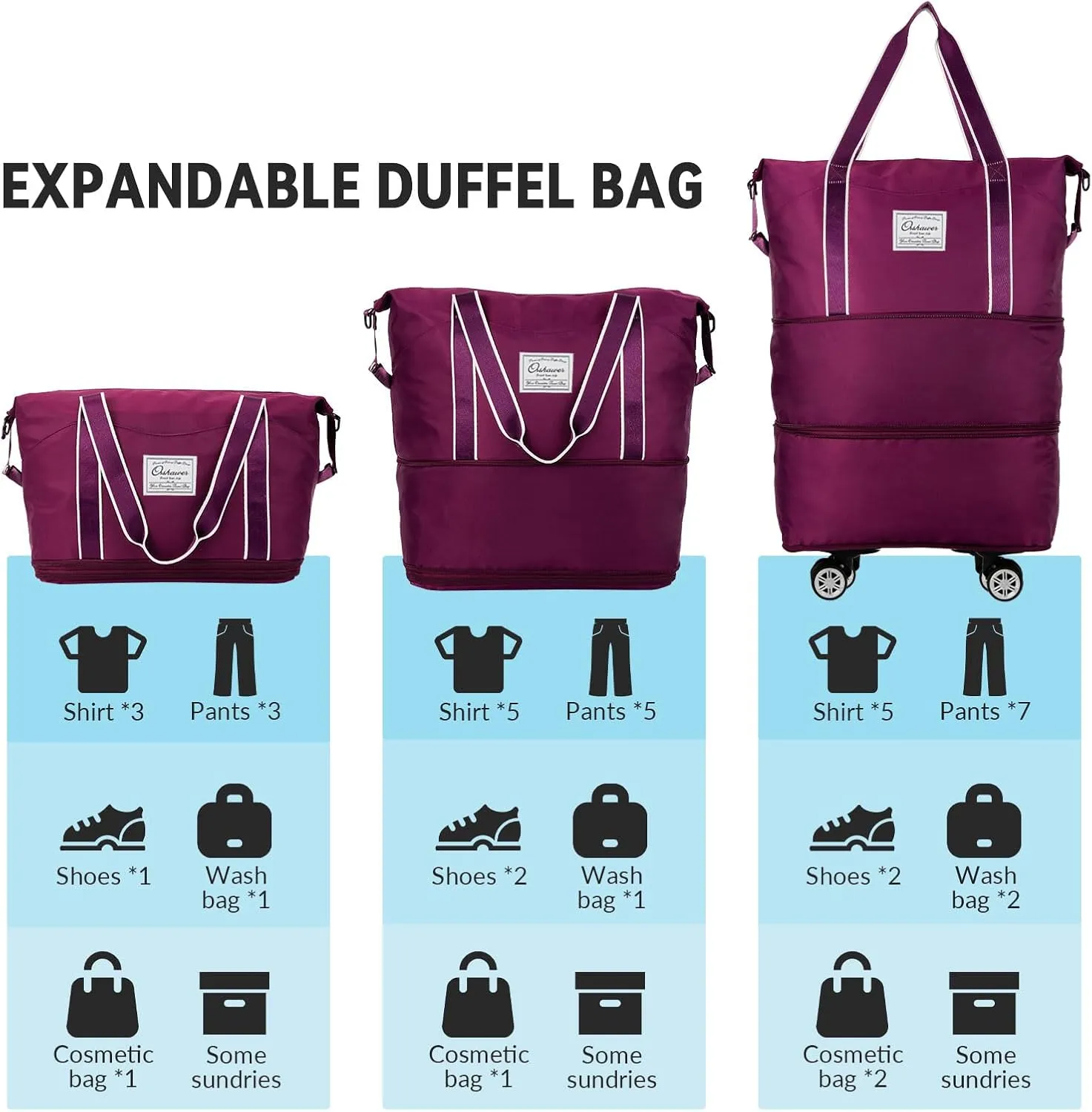 25L-55L Expandable Foldable Duffle Bag, Rolling Duffle Bag with Detachable Wheels and Adjustable Shoulder Strap