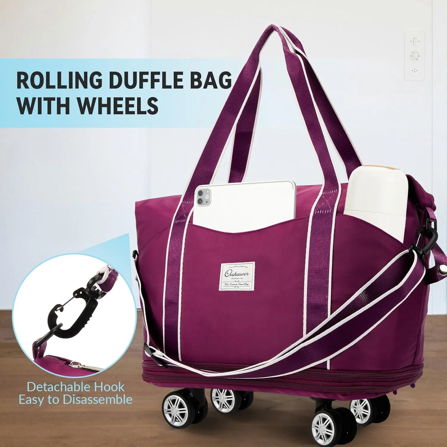 25L-55L Expandable Foldable Duffle Bag, Rolling Duffle Bag with Detachable Wheels and Adjustable Shoulder Strap