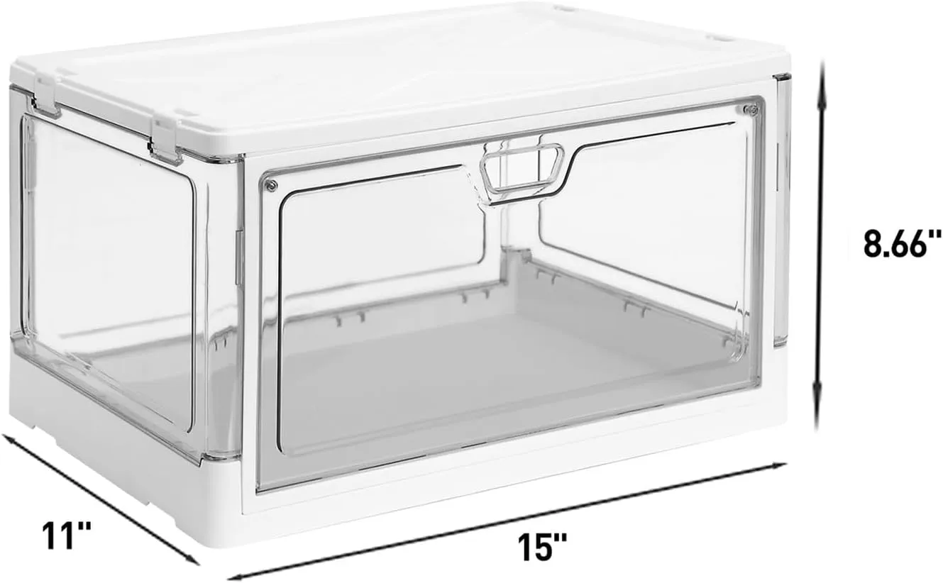 3-Pack Clear Stackable Storage Bins with Lids Magnetic Doors Open Front Foldable Folding Plastic Craft Containers Large Closet Organizers Box for Bedrooms Living Rooms Study Kids' Toys 24 QT