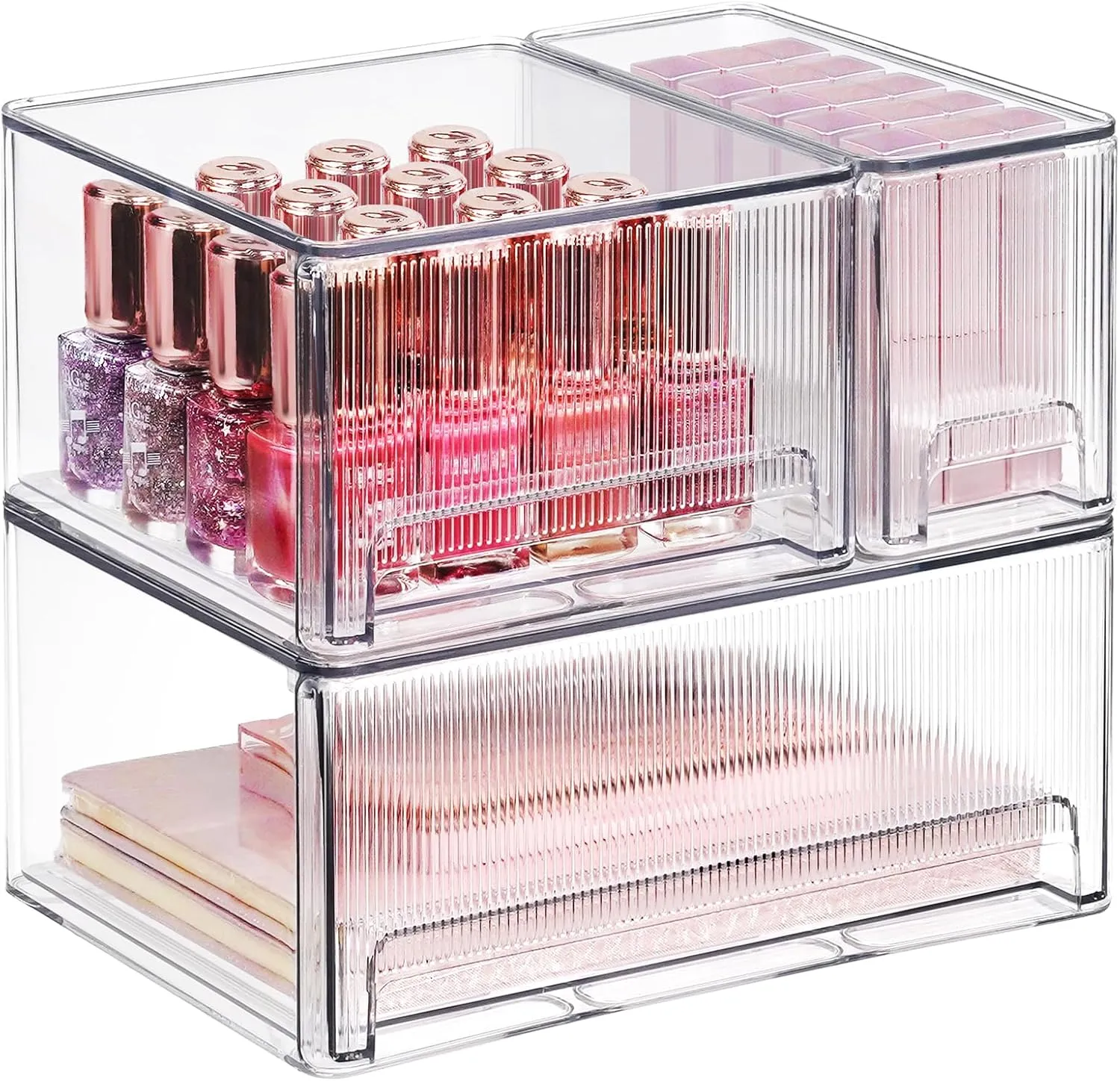 3 Pack Clear Stackable Storage Drawers, Bathroom Makeup Organizer with Pull-out Handle, Plastic Storage Bins for Vanity Countertop, Kitchen, Undersink, Pantry, Desk Organization, Transparent