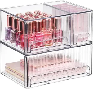 3 Pack Clear Stackable Storage Drawers, Bathroom Makeup Organizer with Pull-out Handle, Plastic Storage Bins for Vanity Countertop, Kitchen, Undersink, Pantry, Desk Organization, Transparent
