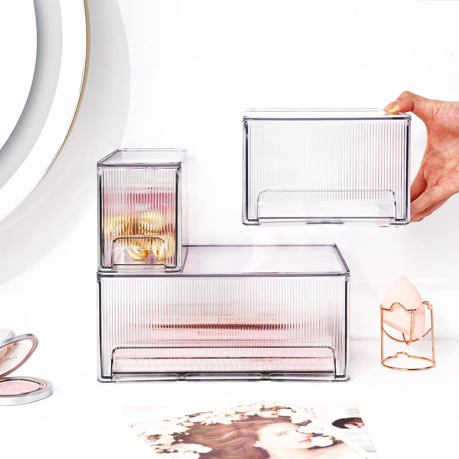 3 Pack Clear Stackable Storage Drawers, Bathroom Makeup Organizer with Pull-out Handle, Plastic Storage Bins for Vanity Countertop, Kitchen, Undersink, Pantry, Desk Organization, Transparent