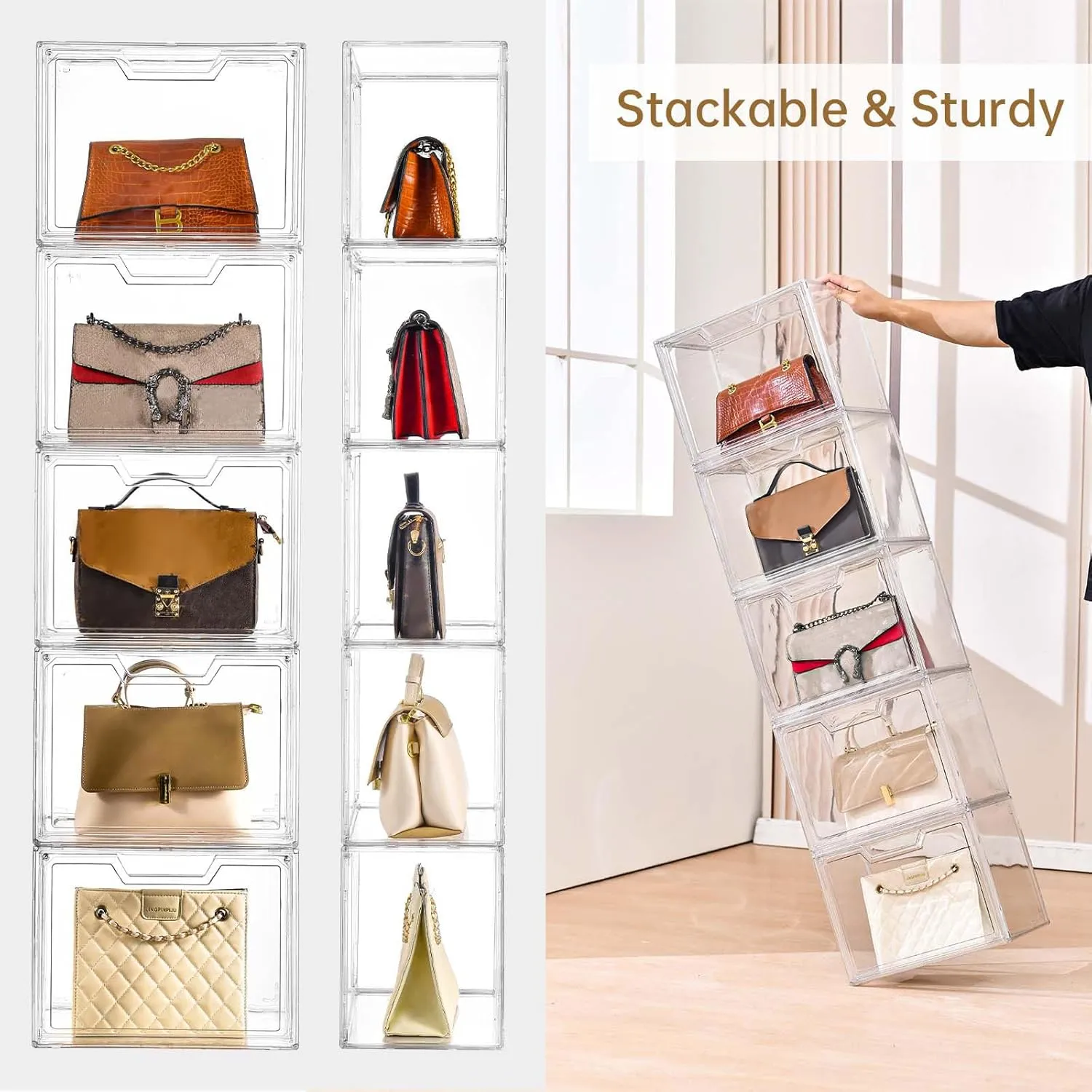 3 Pack Clear Storage Bins with Lids, Storage Containers with Magnetic Door, Stackable Acrylic Display Case for Handbags, Cosmetic, Multifunctional Storage Boxes for Dorm, Living Room, Bedroom Storage