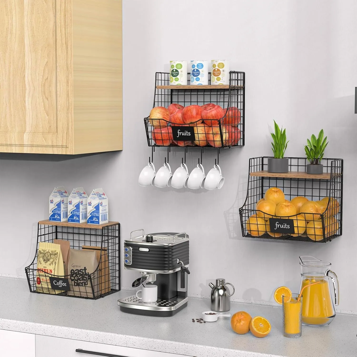 3 Pack Fruit Basket for Kitchen with Wood Lid - Counter&Wall Mounted Onion and Potato Storage with Nameplate, Stackable Storage Basket, Hanging Metal Wire Baskets Kitchen Countertop Organizer Pantry