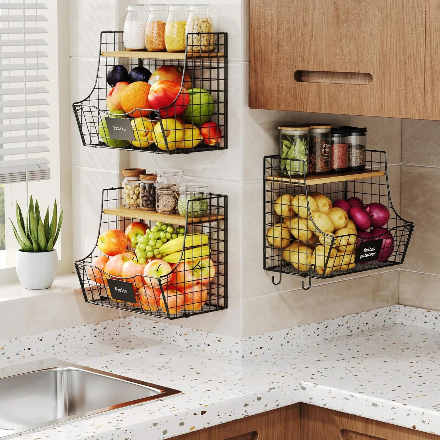 3 Pack Fruit Basket for Kitchen with Wood Lid - Counter&Wall Mounted Onion and Potato Storage with Nameplate, Stackable Storage Basket, Hanging Metal Wire Baskets Kitchen Countertop Organizer Pantry