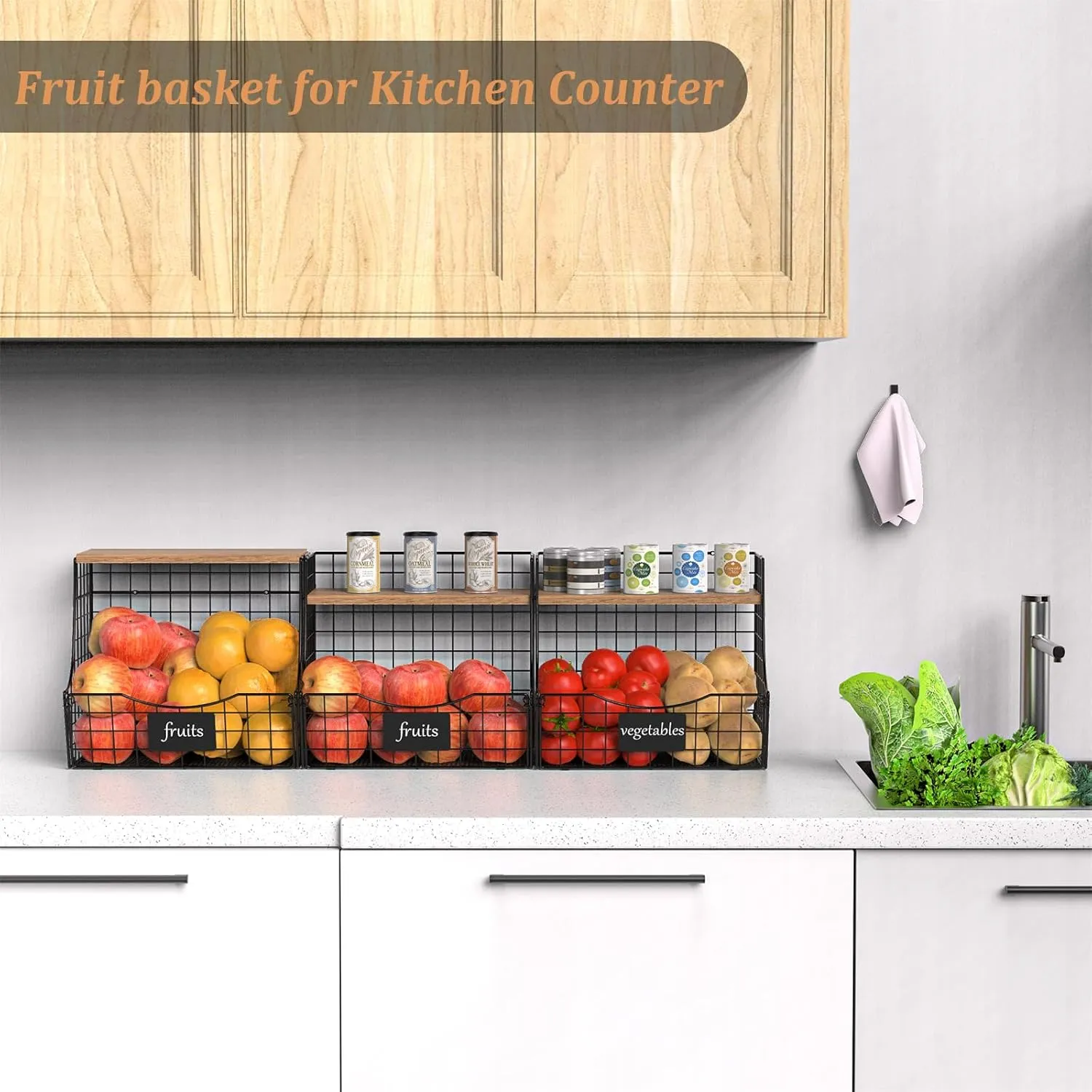 3 Pack Fruit Basket for Kitchen with Wood Lid - Counter&Wall Mounted Onion and Potato Storage with Nameplate, Stackable Storage Basket, Hanging Metal Wire Baskets Kitchen Countertop Organizer Pantry