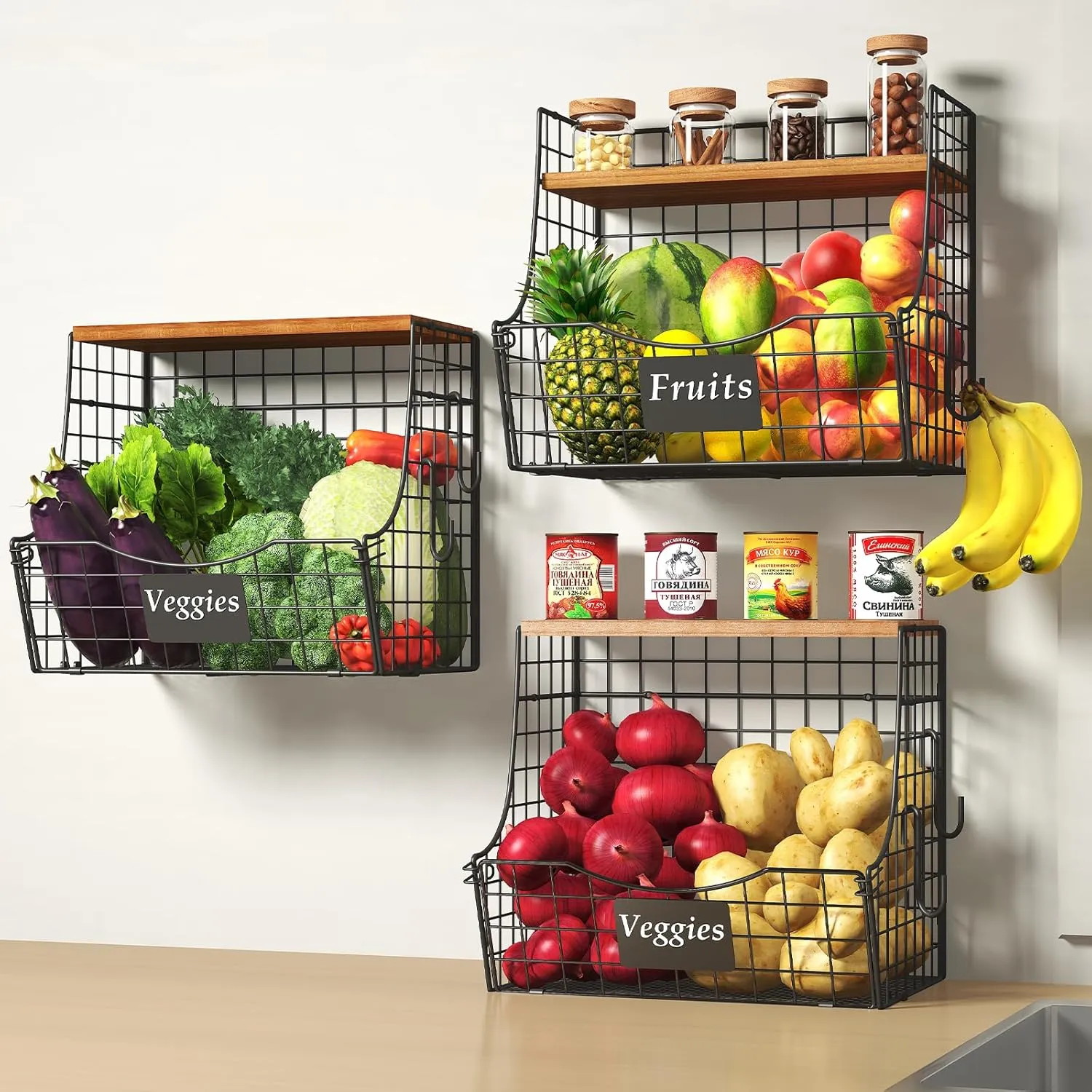 3 Pack Fruit Basket for Kitchen with Wood Lid - Counter&Wall Mounted Onion and Potato Storage with Nameplate, Stackable Storage Basket, Hanging Metal Wire Baskets Kitchen Countertop Organizer Pantry
