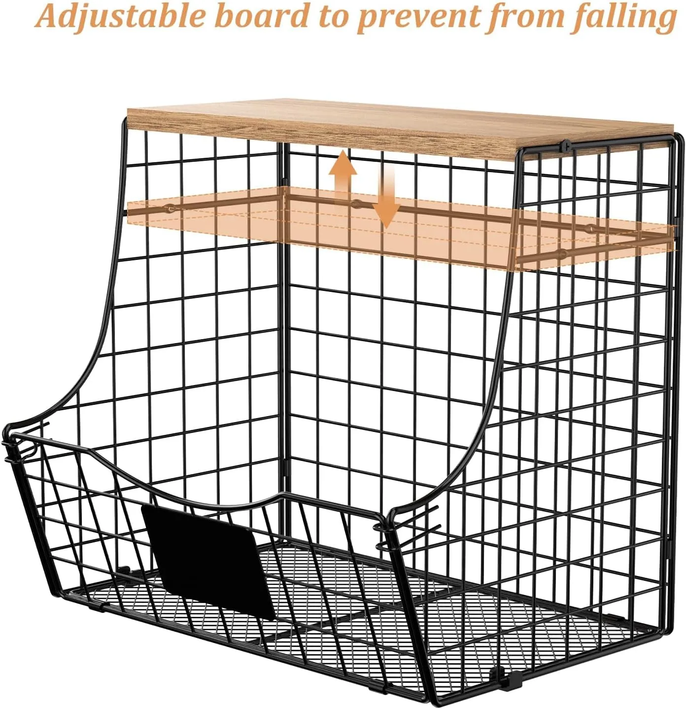 3 Pack Fruit Basket for Kitchen with Wood Lid - Counter&Wall Mounted Onion and Potato Storage with Nameplate, Stackable Storage Basket, Hanging Metal Wire Baskets Kitchen Countertop Organizer Pantry