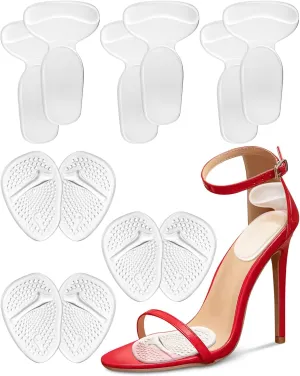 3 Pairs Heel Cushions Inserts and 3 Pairs Metatarsal Pads for Women, High Heel Comfort Pads, Silicone Shoe Insoles, Heel Grips and Ball of Foot Cushions for Blister Prevention, Shoe Too Big