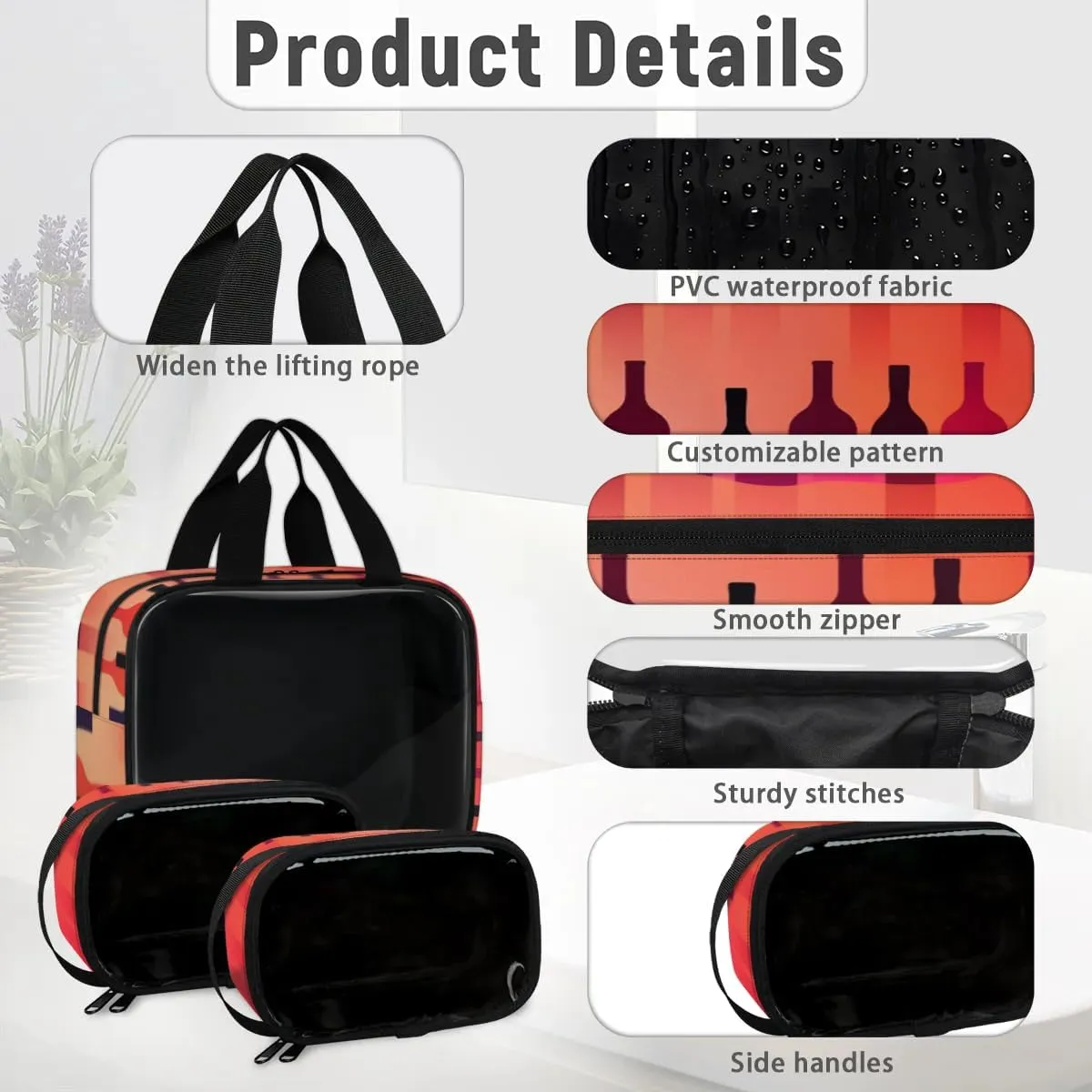 3 PCS Travel Makeup Bag Set Abstract Wine Bottles Translucent Cosmetic Bags Portable Toiletry Bag for Women Makeup & Skincare Storage for Travel & Daily Use