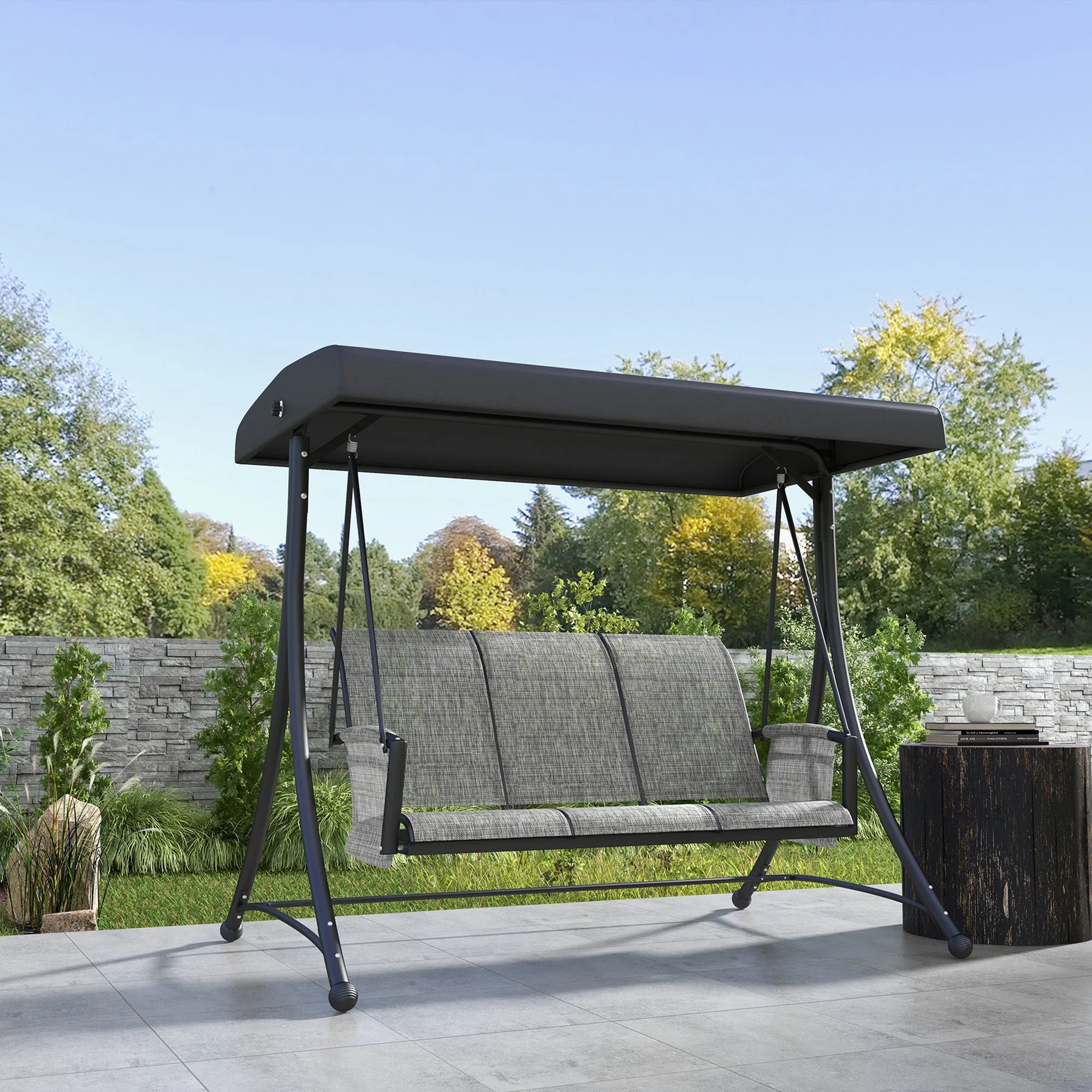 3 Person Porch Swing Outdoor Swing Chair with High Back Design, Side Pouches and Adjustable Canopy, Mixed Grey