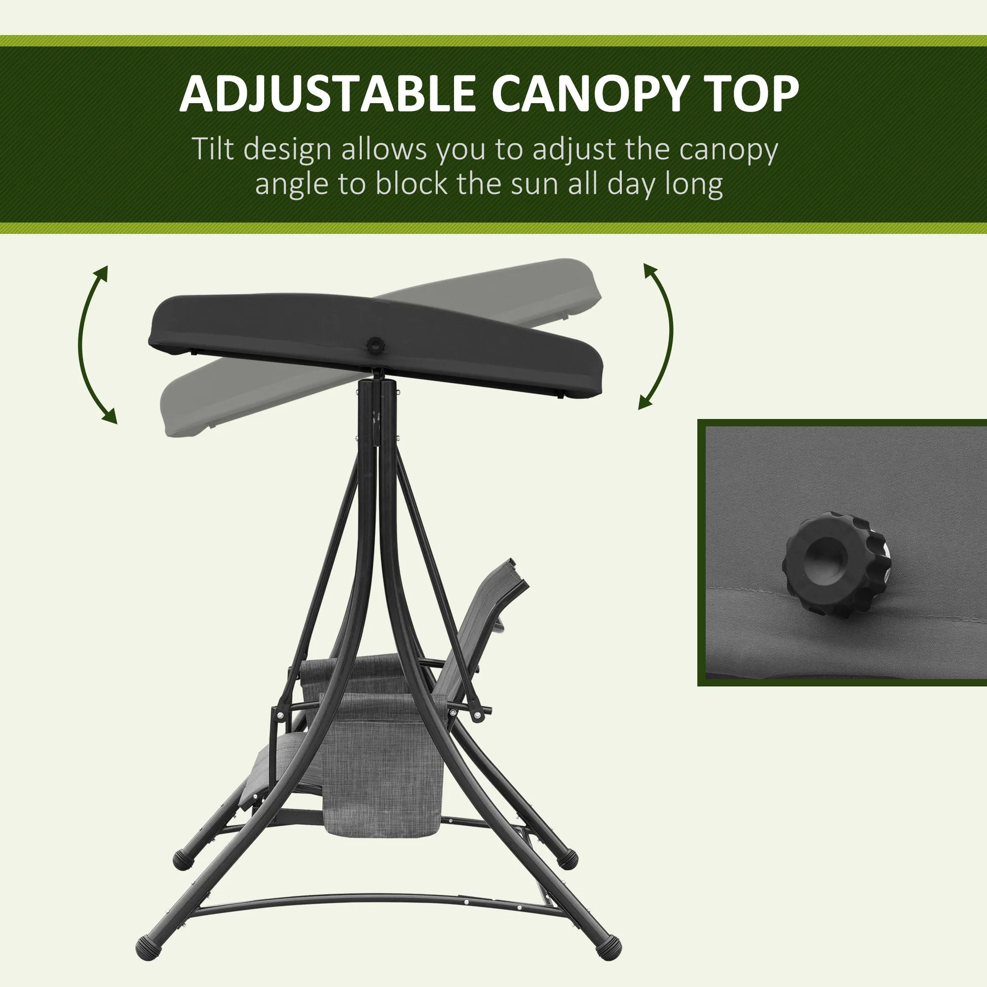 3 Person Porch Swing Outdoor Swing Chair with High Back Design, Side Pouches and Adjustable Canopy, Mixed Grey