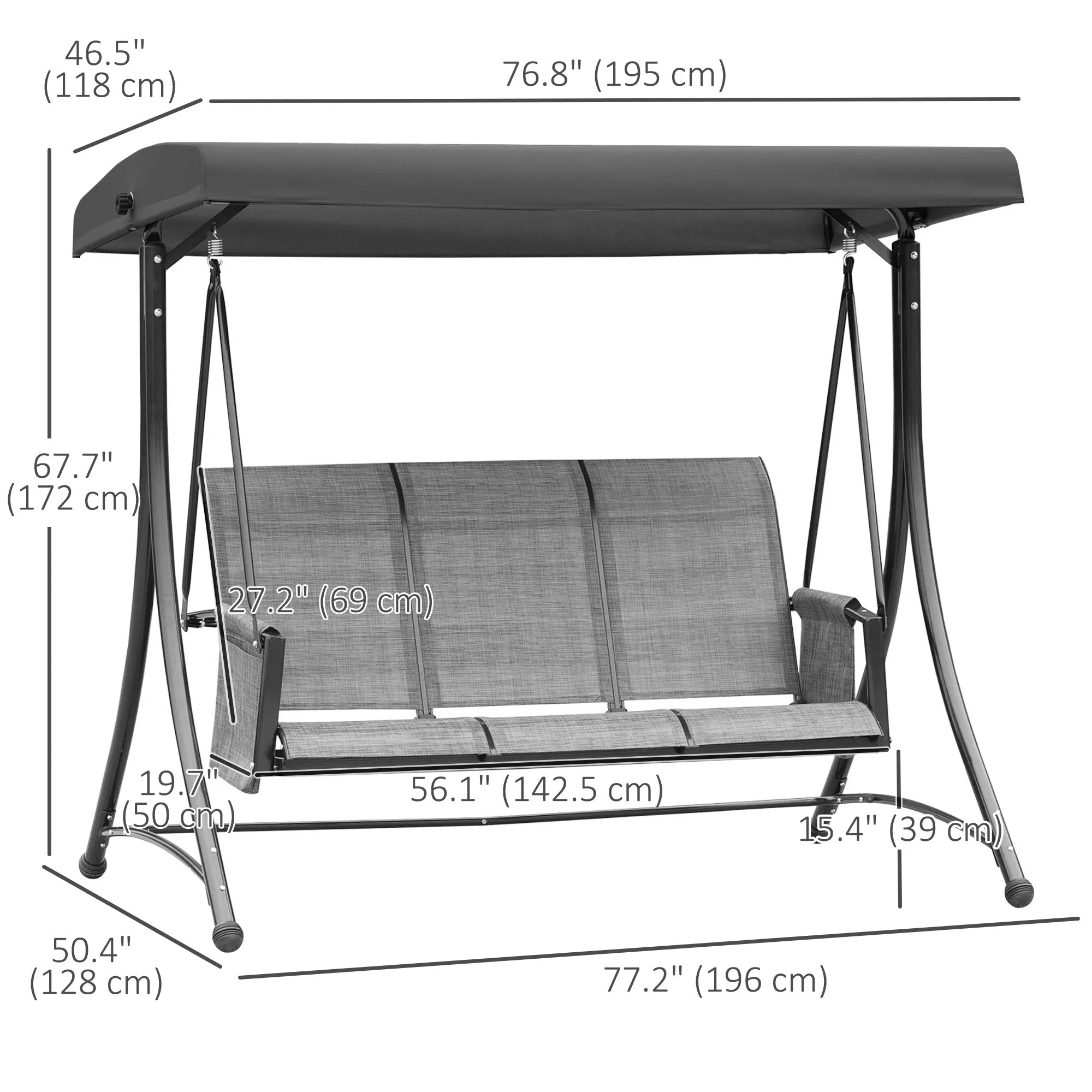3 Person Porch Swing Outdoor Swing Chair with High Back Design, Side Pouches and Adjustable Canopy, Mixed Grey