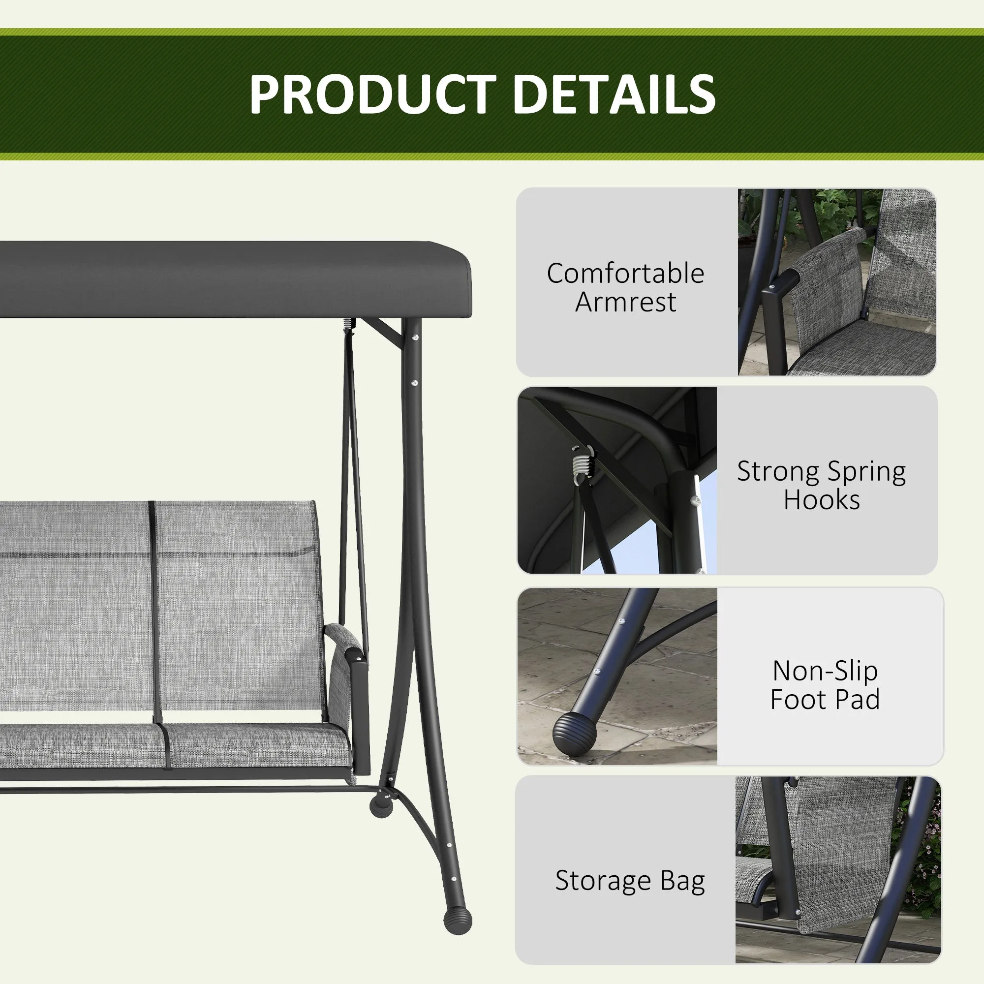 3 Person Porch Swing Outdoor Swing Chair with High Back Design, Side Pouches and Adjustable Canopy, Mixed Grey