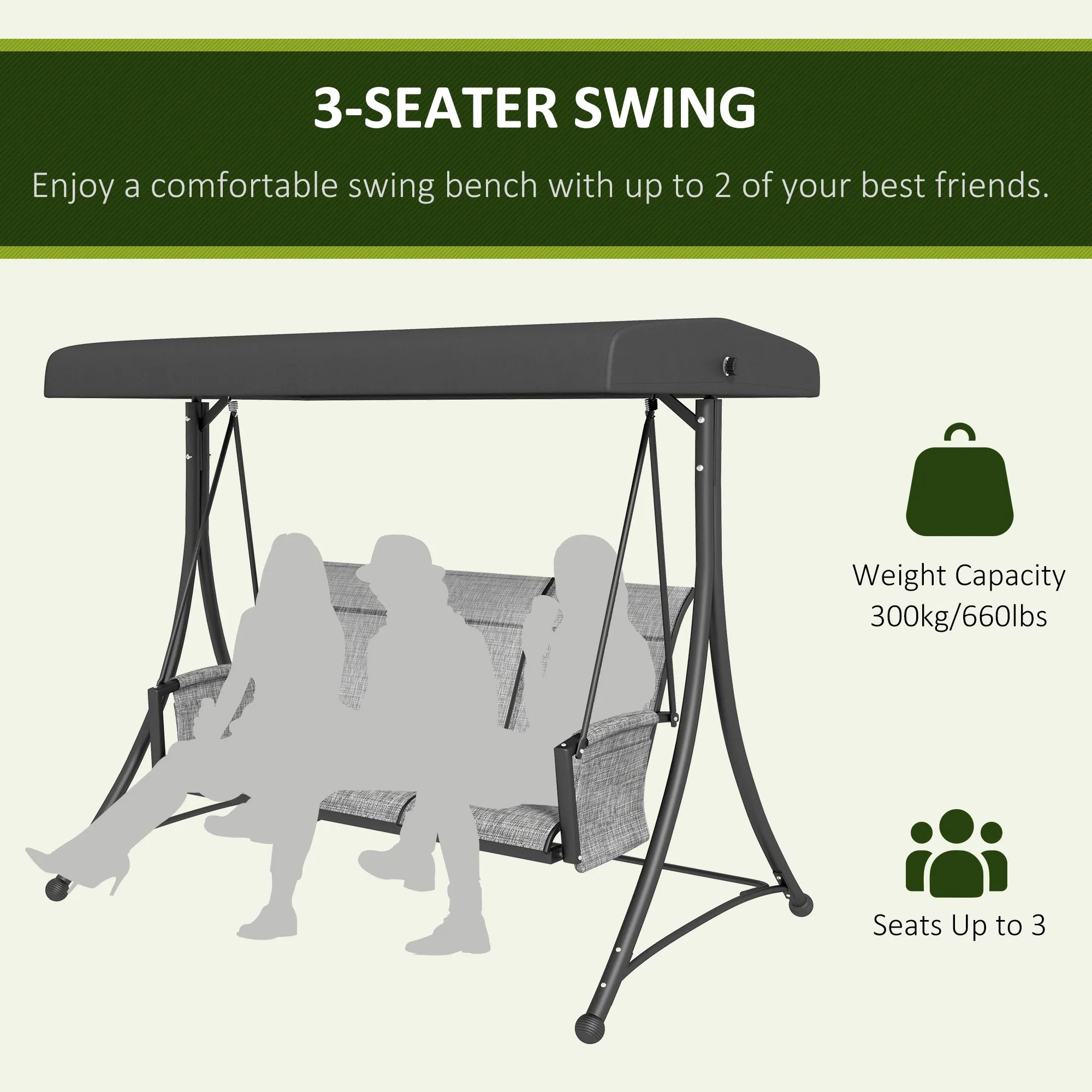 3 Person Porch Swing Outdoor Swing Chair with High Back Design, Side Pouches and Adjustable Canopy, Mixed Grey