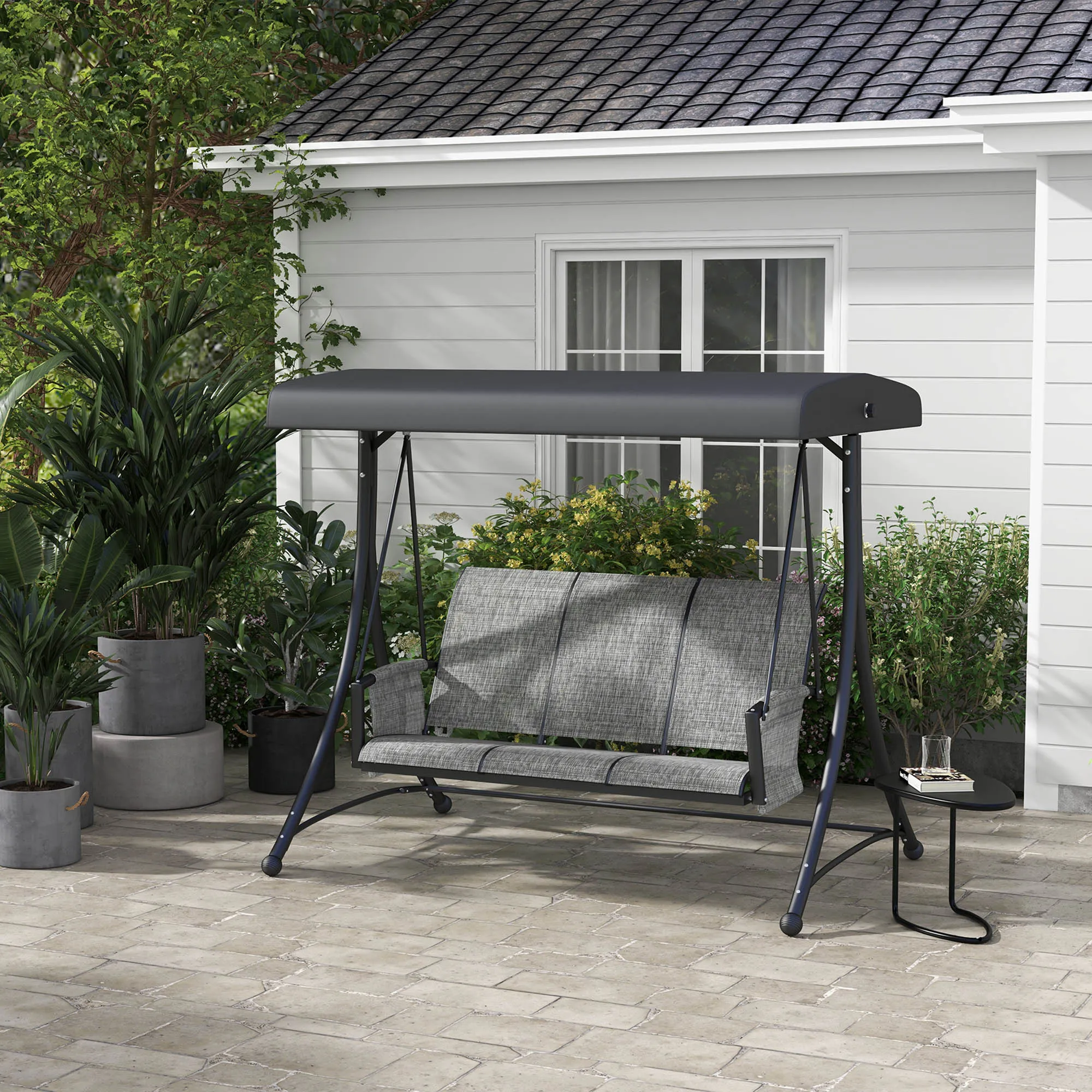 3 Person Porch Swing Outdoor Swing Chair with High Back Design, Side Pouches and Adjustable Canopy, Mixed Grey