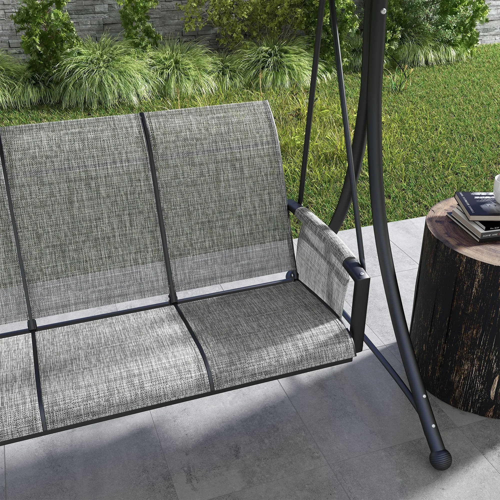 3 Person Porch Swing Outdoor Swing Chair with High Back Design, Side Pouches and Adjustable Canopy, Mixed Grey