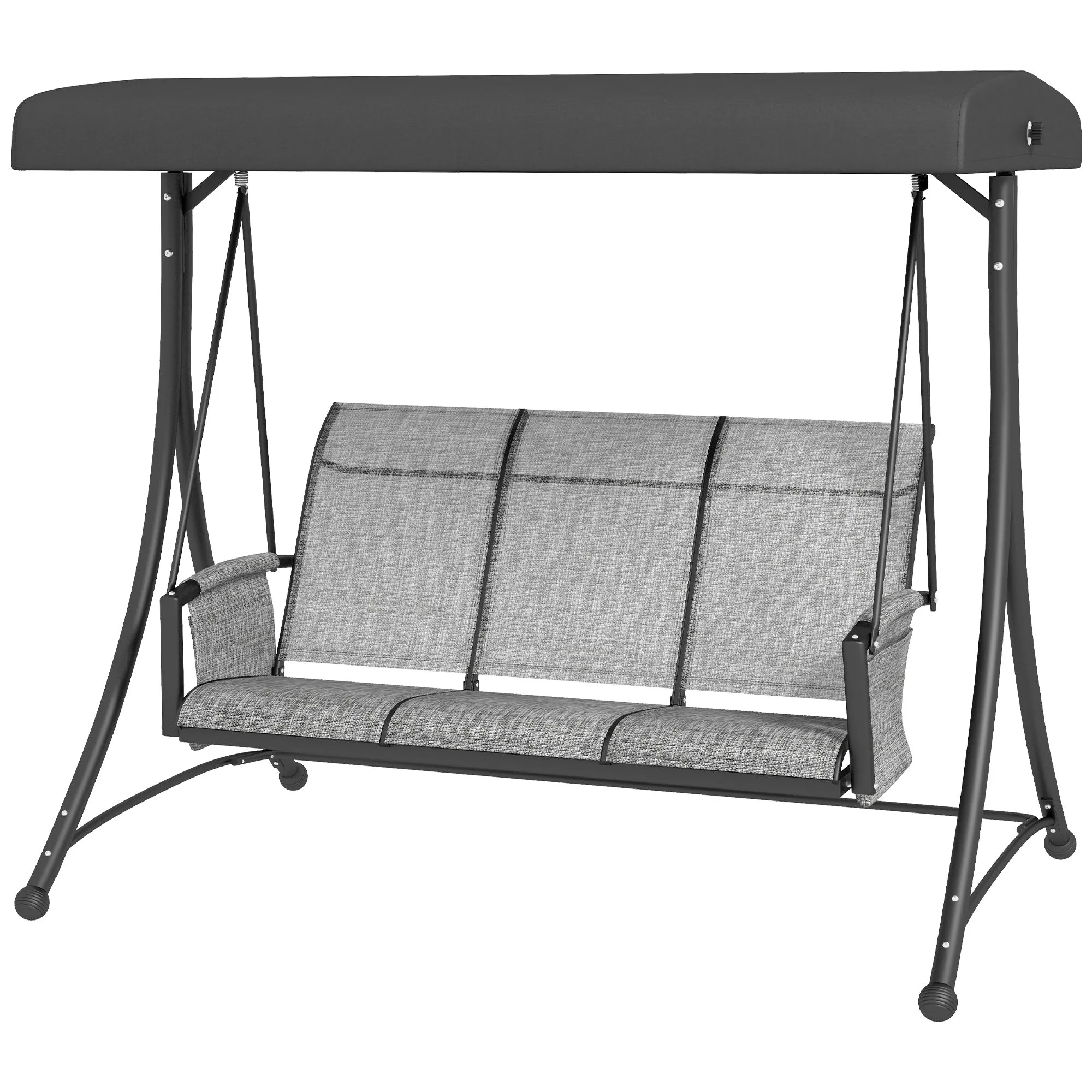3 Person Porch Swing Outdoor Swing Chair with High Back Design, Side Pouches and Adjustable Canopy, Mixed Grey