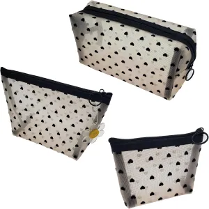 3 Pieces Heart Print Mesh Makeup Bags Sets Zipper Cosmetic Bag for Women Girls Toiletry Pouch Storage Organizer Bags Portable Travel Pouch Beige Home Office Smiley flower pendant