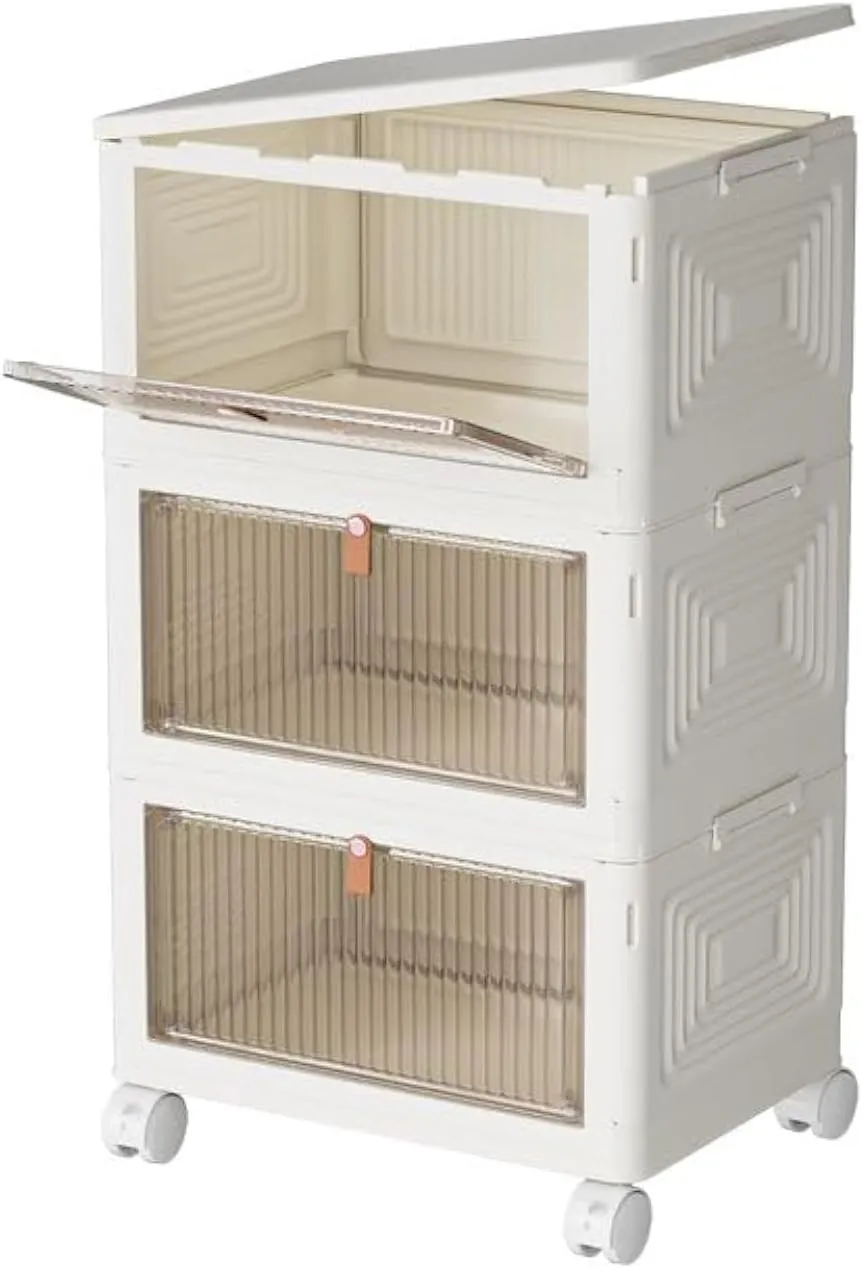 3 Tier Plastic Storage Bins with Lids 23QT, Stackable Storage Containers with Wheels, Folding Storage Boxes, Collapsible Storage Bins, Closet Organizers and Storage for Living Room,Office,Dorm