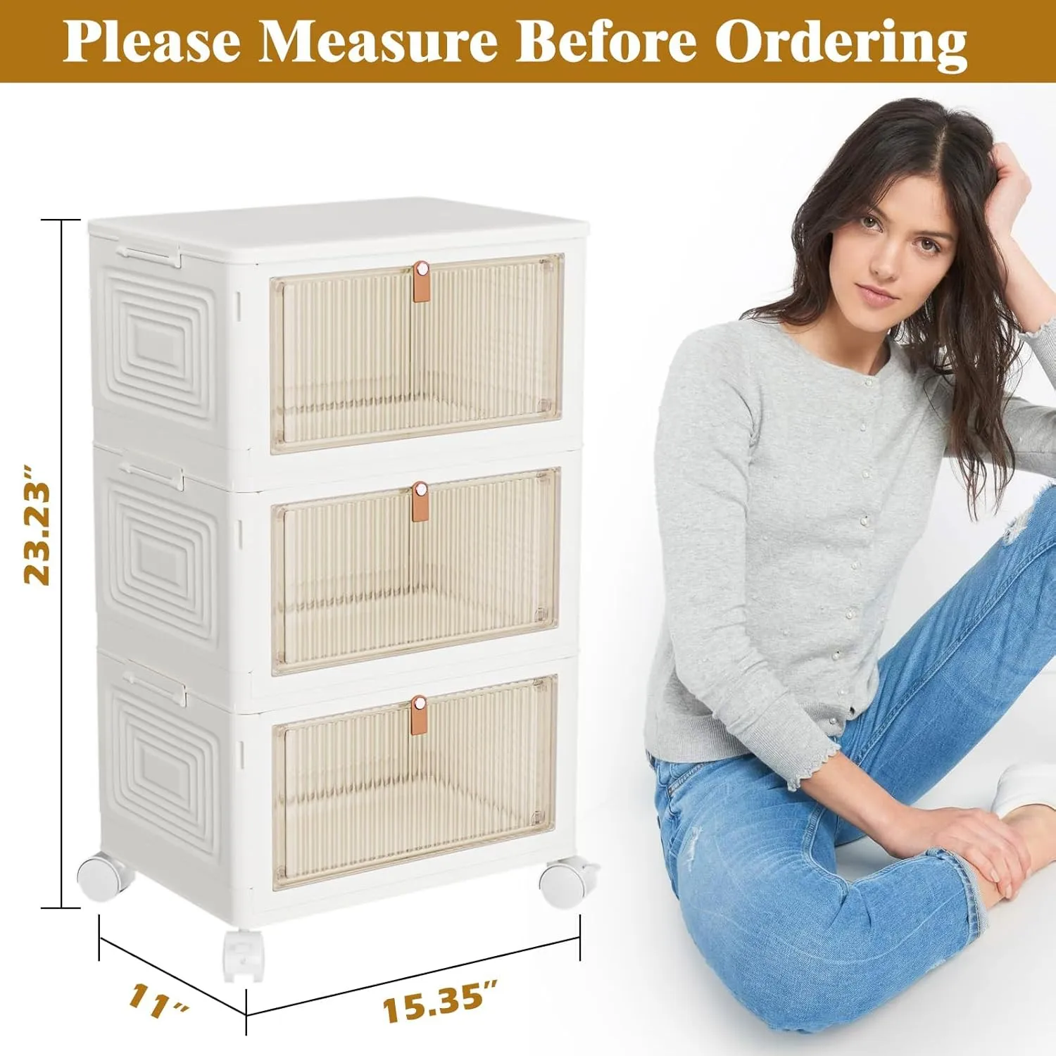 3 Tier Plastic Storage Bins with Lids 23QT, Stackable Storage Containers with Wheels, Folding Storage Boxes, Collapsible Storage Bins, Closet Organizers and Storage for Living Room,Office,Dorm