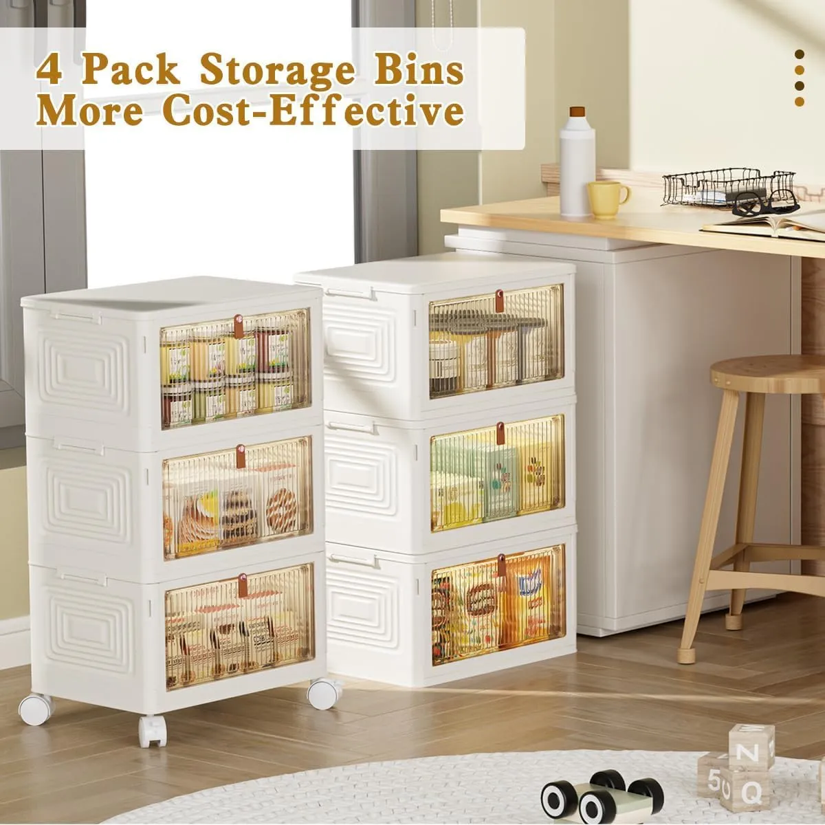 3 Tier Plastic Storage Bins with Lids 23QT, Stackable Storage Containers with Wheels, Folding Storage Boxes, Collapsible Storage Bins, Closet Organizers and Storage for Living Room,Office,Dorm