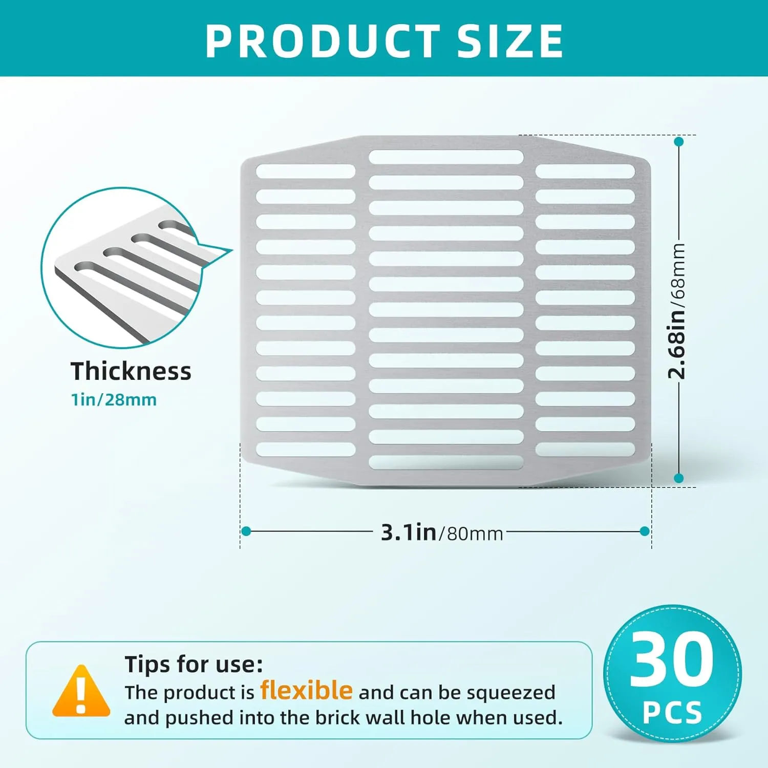 30Pcs Weep Hole Covers for Brick Walls, Stainless Steel Weep Hole Covers Mesh Screens, Brick Hole Filler Cover Wall Holes, Insert Wall Hole Cover for Isolating Reptiles or Other Tiny Insects