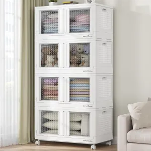 320Qt Storage Bins with Lids, 80Gal Plastic Stackable Collapsible Storage Bins with Doors Wheels, Closet Organizers and Storage, Foldable Box Cabinet for Home Office Garage, 4Pack White Cube