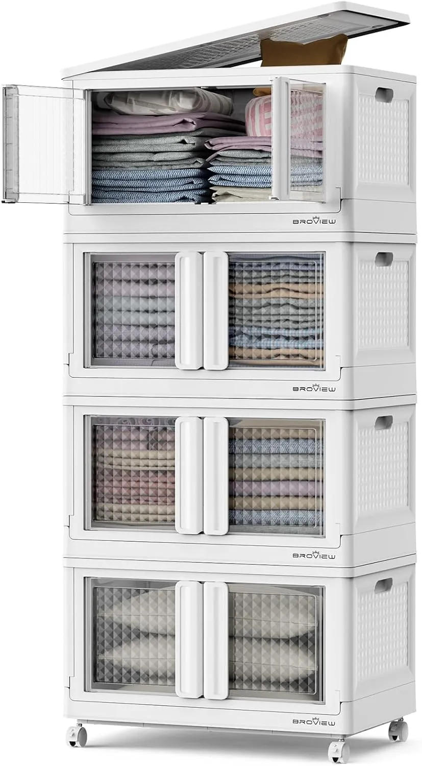 320Qt Storage Bins with Lids, 80Gal Plastic Stackable Collapsible Storage Bins with Doors Wheels, Closet Organizers and Storage, Foldable Box Cabinet for Home Office Garage, 4Pack White Cube