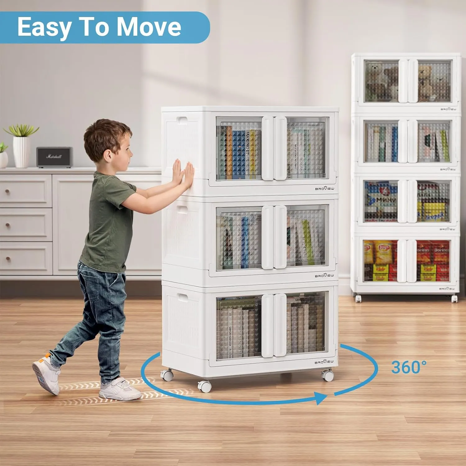 320Qt Storage Bins with Lids, 80Gal Plastic Stackable Collapsible Storage Bins with Doors Wheels, Closet Organizers and Storage, Foldable Box Cabinet for Home Office Garage, 4Pack White Cube