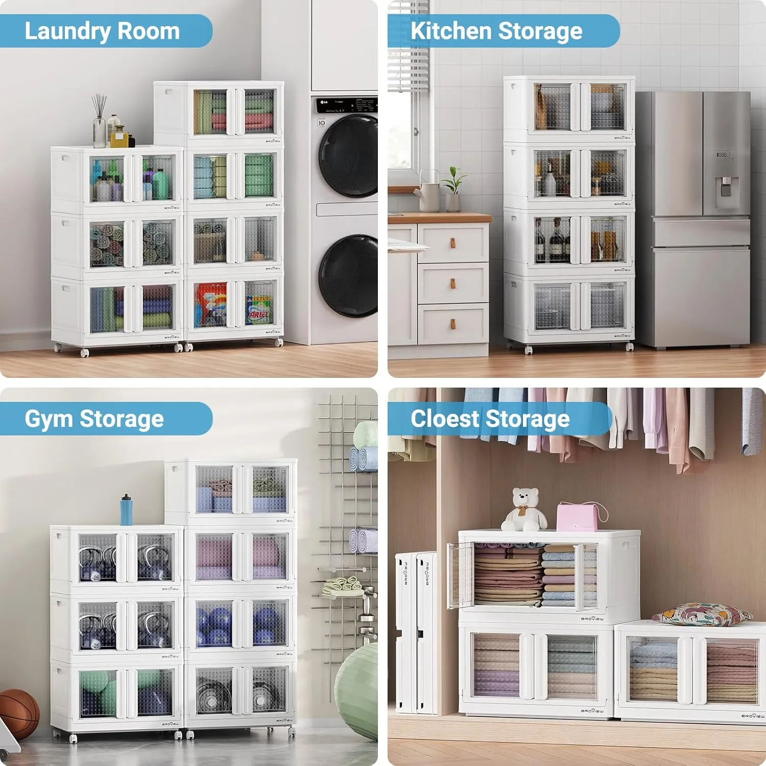 320Qt Storage Bins with Lids, 80Gal Plastic Stackable Collapsible Storage Bins with Doors Wheels, Closet Organizers and Storage, Foldable Box Cabinet for Home Office Garage, 4Pack White Cube
