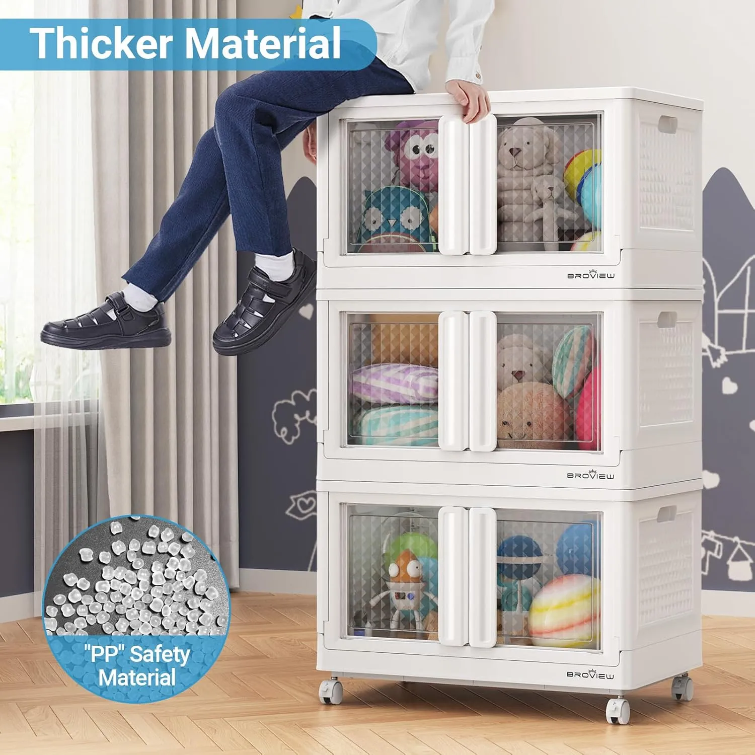 320Qt Storage Bins with Lids, 80Gal Plastic Stackable Collapsible Storage Bins with Doors Wheels, Closet Organizers and Storage, Foldable Box Cabinet for Home Office Garage, 4Pack White Cube
