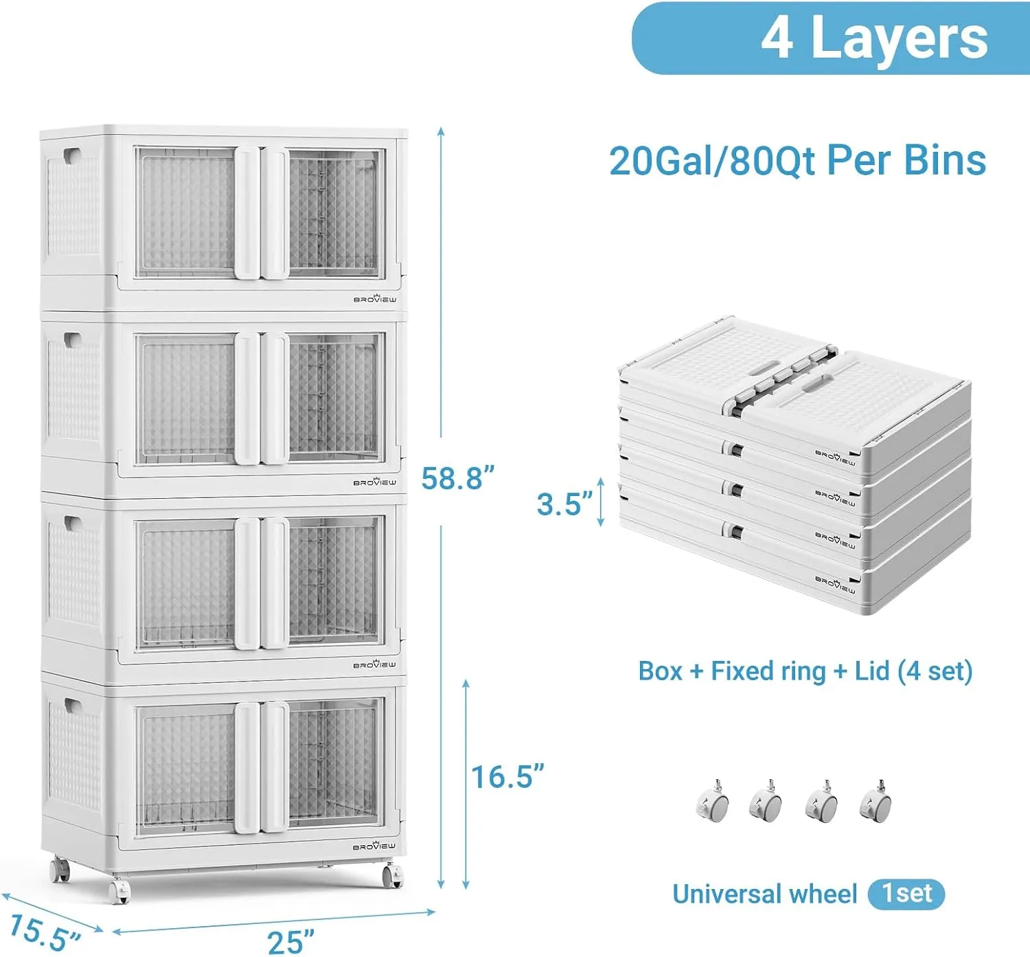 320Qt Storage Bins with Lids, 80Gal Plastic Stackable Collapsible Storage Bins with Doors Wheels, Closet Organizers and Storage, Foldable Box Cabinet for Home Office Garage, 4Pack White Cube