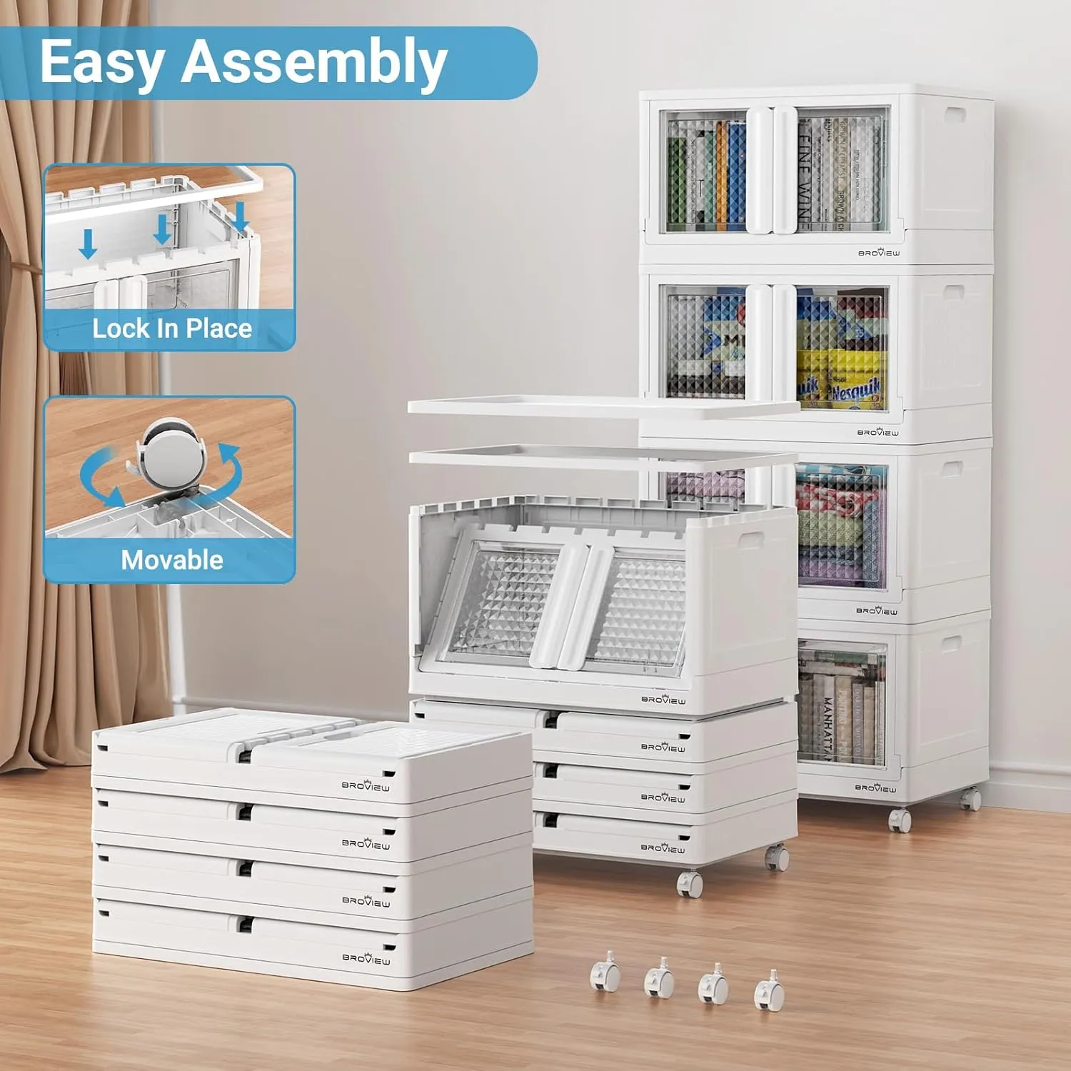 320Qt Storage Bins with Lids, 80Gal Plastic Stackable Collapsible Storage Bins with Doors Wheels, Closet Organizers and Storage, Foldable Box Cabinet for Home Office Garage, 4Pack White Cube