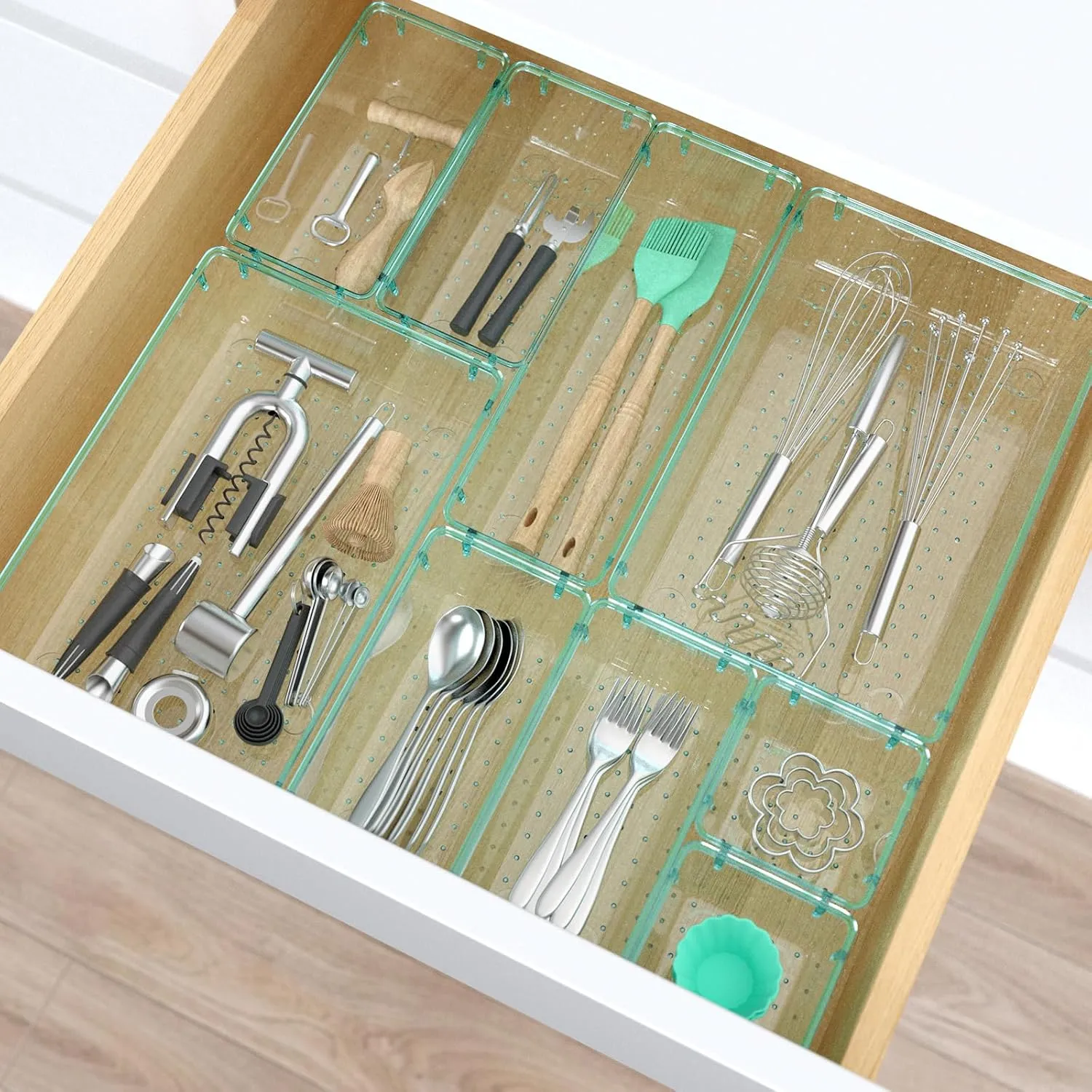 33 PCS Clear Plastic Drawer Organizers Set, 4 Size Desk Drawer Organizer Trays for Makeup, Jewelry, Kitchen Utensils, Gadgets and Office Accessories, Sea Blue