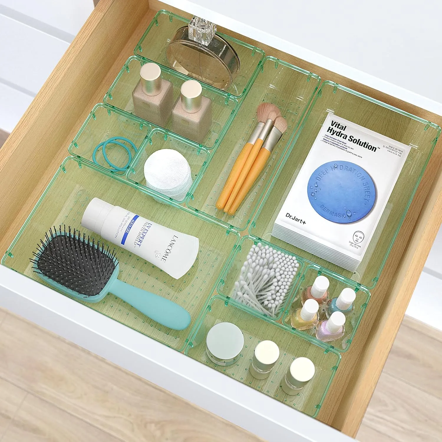 33 PCS Clear Plastic Drawer Organizers Set, 4 Size Desk Drawer Organizer Trays for Makeup, Jewelry, Kitchen Utensils, Gadgets and Office Accessories, Sea Blue