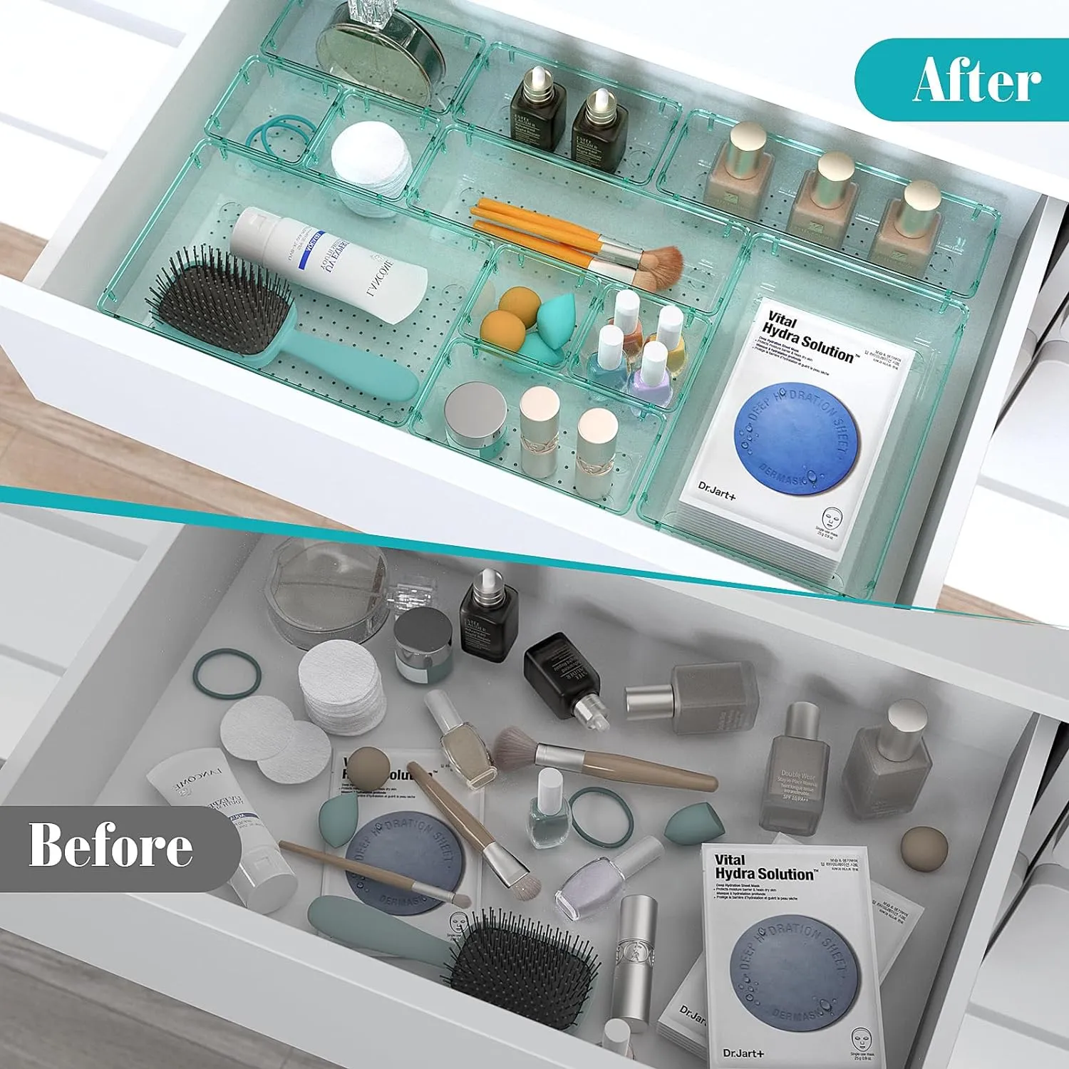 33 PCS Clear Plastic Drawer Organizers Set, 4 Size Desk Drawer Organizer Trays for Makeup, Jewelry, Kitchen Utensils, Gadgets and Office Accessories, Sea Blue