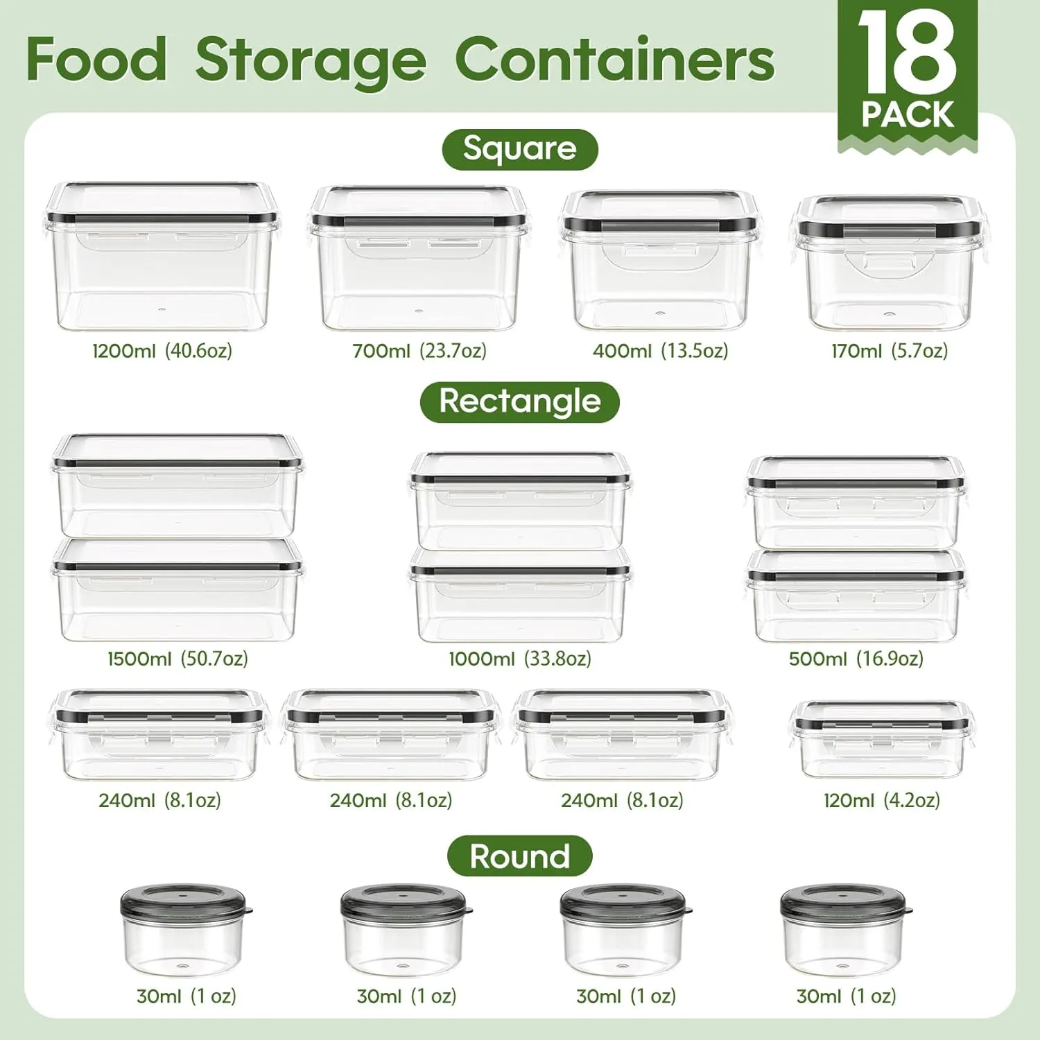 36-Piece Food Storage Containers with Lids(18 Containers & 18 Lids), Plastic Food Containers for Pantry & Kitchen Storage and Organization, BPA-Free, Leak Proof, Reusable with Labels & Pen