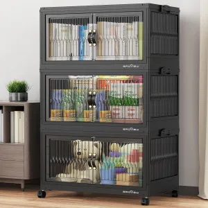 360Qt Stackable Storage Bins with Lids, Closet Organizer and Storage Drawer, Collapsible Storage Box with Wheels, Plastic Clothes Storage Cabinet Containers for Home Organization, 3Pack Black