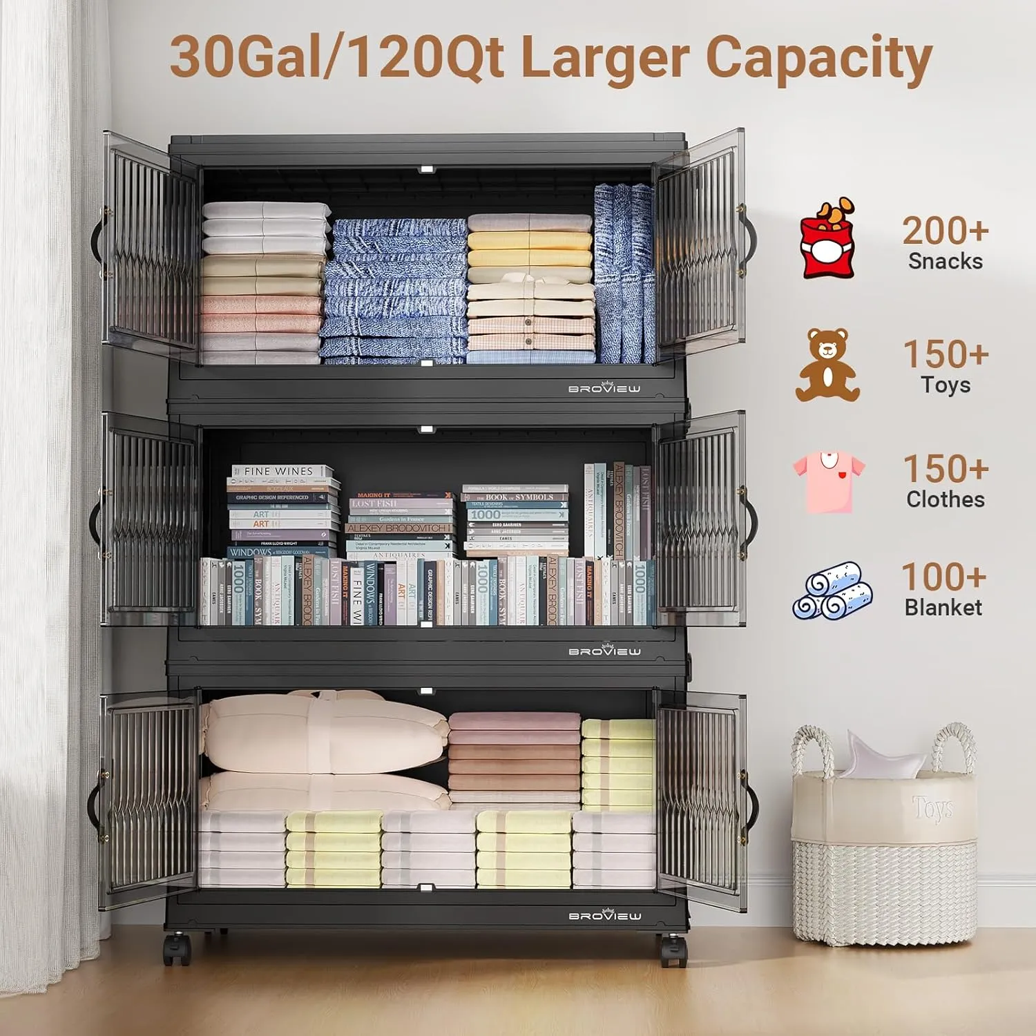 360Qt Stackable Storage Bins with Lids, Closet Organizer and Storage Drawer, Collapsible Storage Box with Wheels, Plastic Clothes Storage Cabinet Containers for Home Organization, 3Pack Black