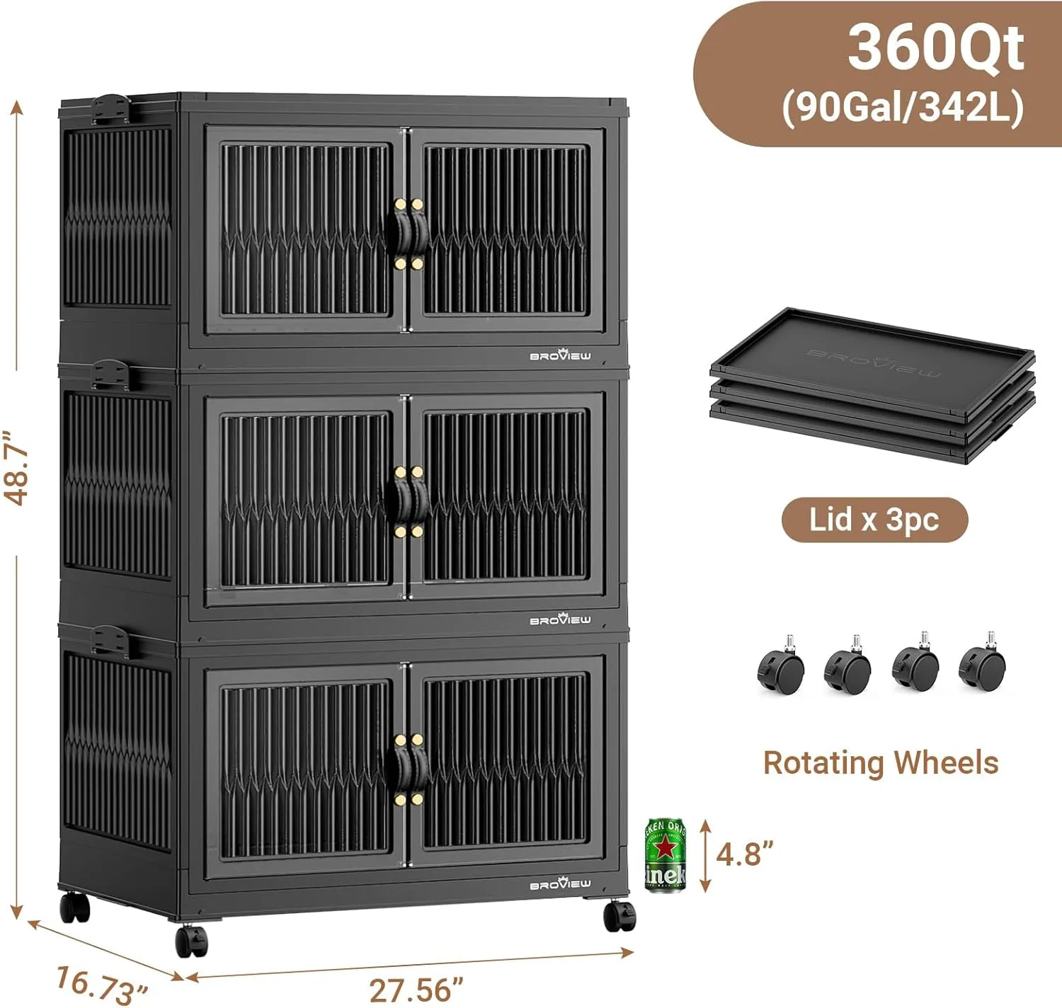 360Qt Stackable Storage Bins with Lids, Closet Organizer and Storage Drawer, Collapsible Storage Box with Wheels, Plastic Clothes Storage Cabinet Containers for Home Organization, 3Pack Black