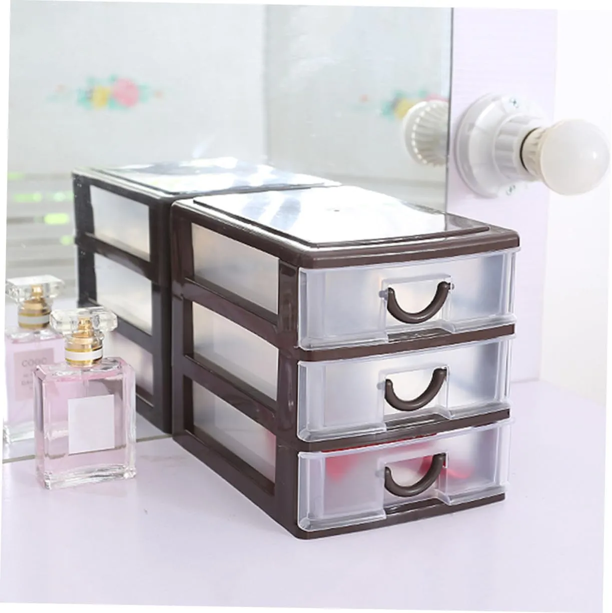 3layer Brown Plastic Drawer Storage Box Multifunctional Translucent Organizer for Desktop Sundries Cosmetics and Office Supplies Design with Handle for Easy Mobility