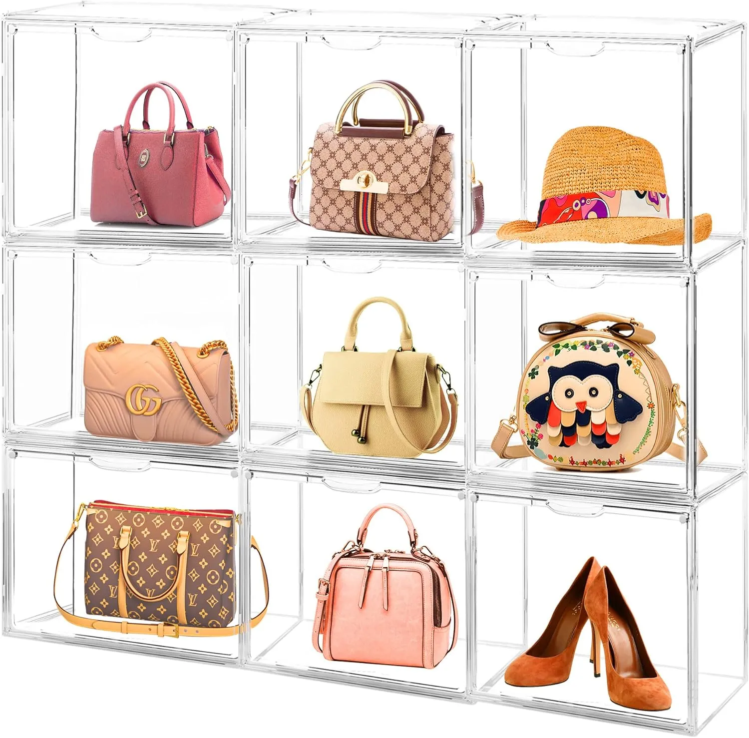 3Pack Purse Organizer for Closet Clear Acrylic Display Case Handbag Storage Organizer Box with Magnetic Door Stackable Storage Bins with Dustproof Lid for Book Toys Shoes Cosmetic Collectibles