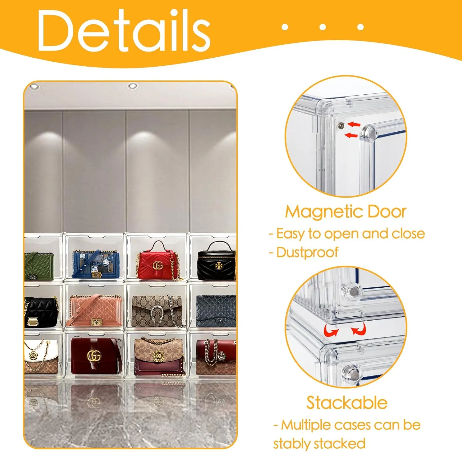 3Pack Purse Organizer for Closet Clear Acrylic Display Case Handbag Storage Organizer Box with Magnetic Door Stackable Storage Bins with Dustproof Lid for Book Toys Shoes Cosmetic Collectibles