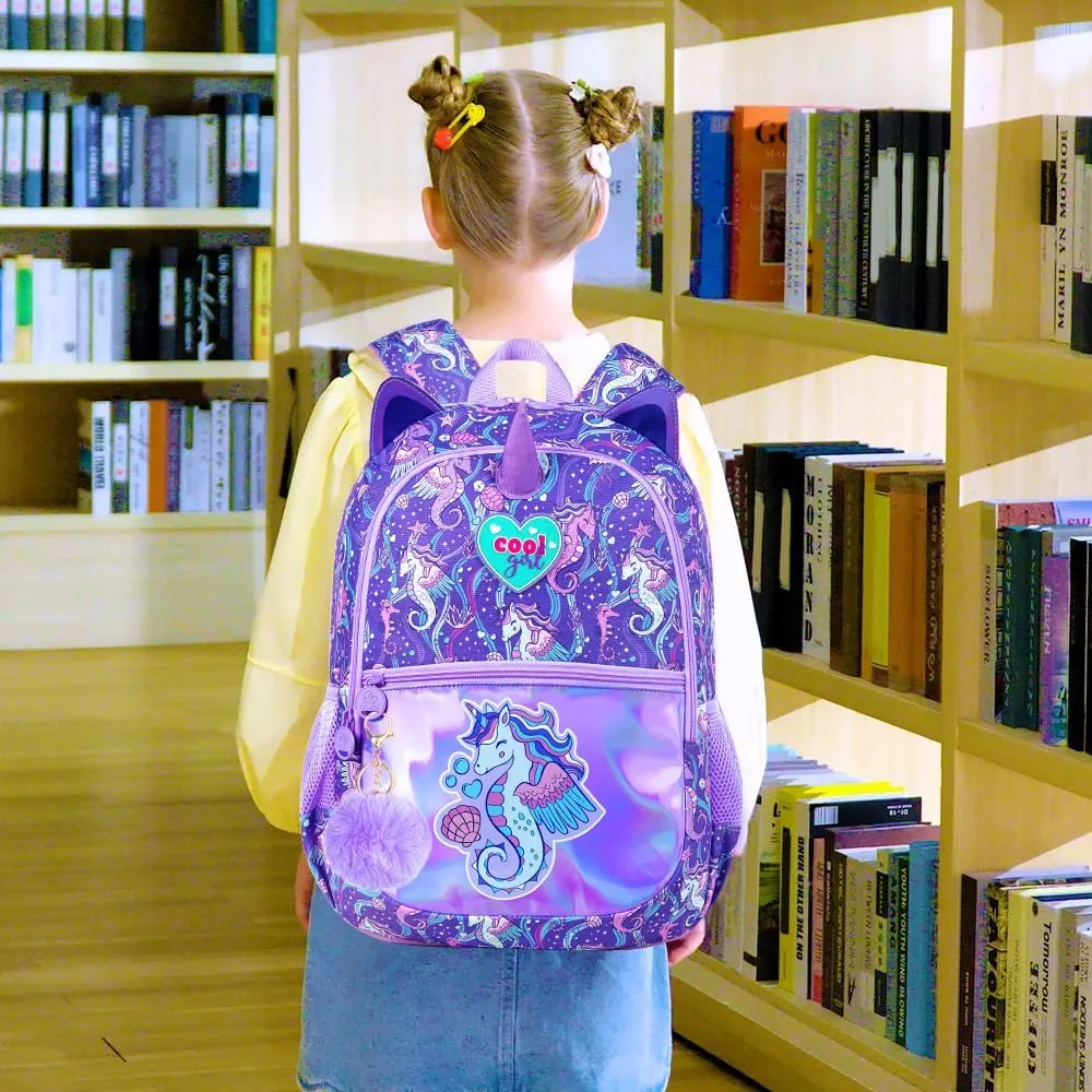 3Pcs Backpack for Girls, 16.5" Seahorse Backpacks Set for Elementary Preschool Kindergarten, Kids School Bookbag with Lunch Box(Purple)