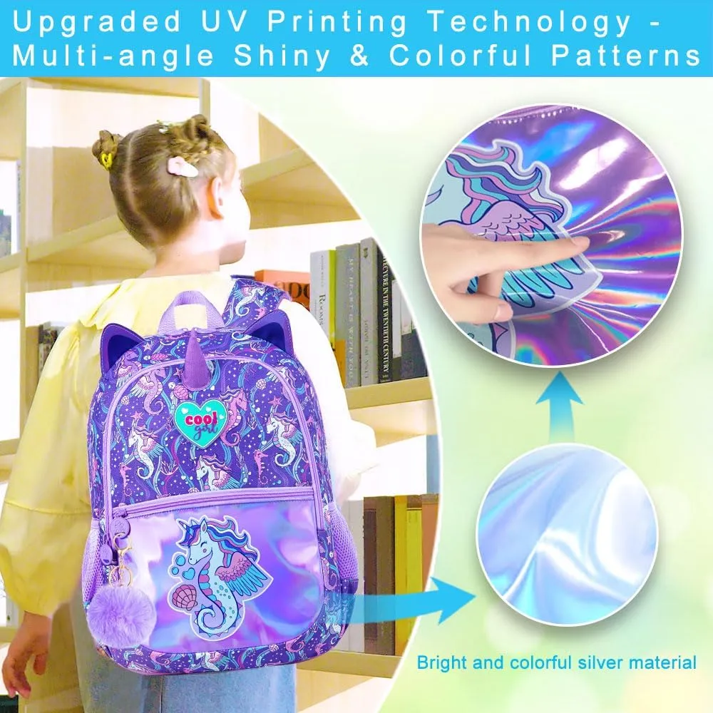 3Pcs Backpack for Girls, 16.5" Seahorse Backpacks Set for Elementary Preschool Kindergarten, Kids School Bookbag with Lunch Box(Purple)