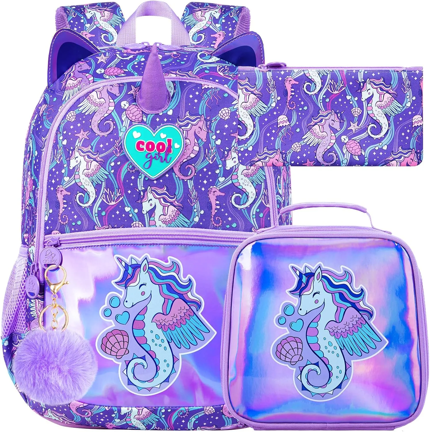 3Pcs Backpack for Girls, 16.5" Seahorse Backpacks Set for Elementary Preschool Kindergarten, Kids School Bookbag with Lunch Box(Purple)