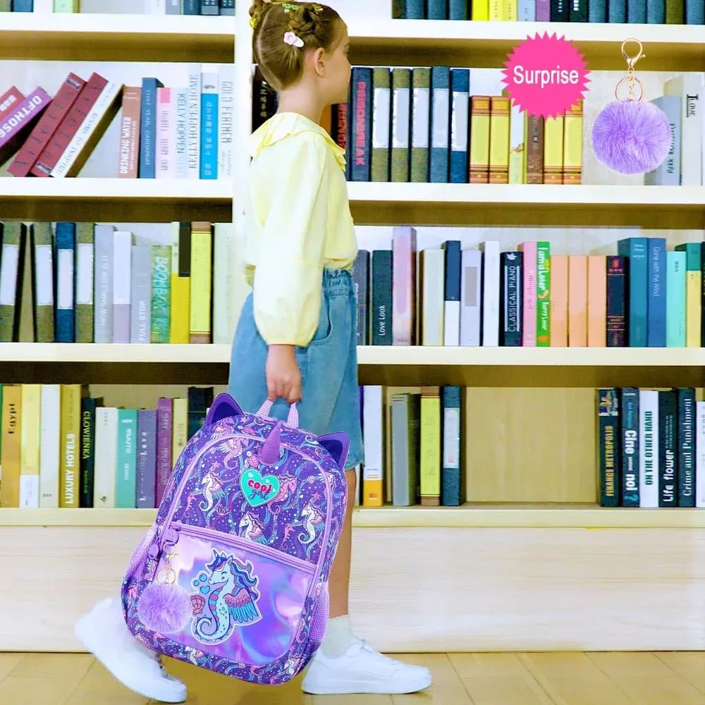 3Pcs Backpack for Girls, 16.5" Seahorse Backpacks Set for Elementary Preschool Kindergarten, Kids School Bookbag with Lunch Box(Purple)