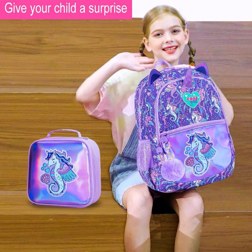 3Pcs Backpack for Girls, 16.5" Seahorse Backpacks Set for Elementary Preschool Kindergarten, Kids School Bookbag with Lunch Box(Purple)