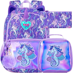 3Pcs Backpack for Girls, 16.5" Seahorse Backpacks Set for Elementary Preschool Kindergarten, Kids School Bookbag with Lunch Box(Purple)